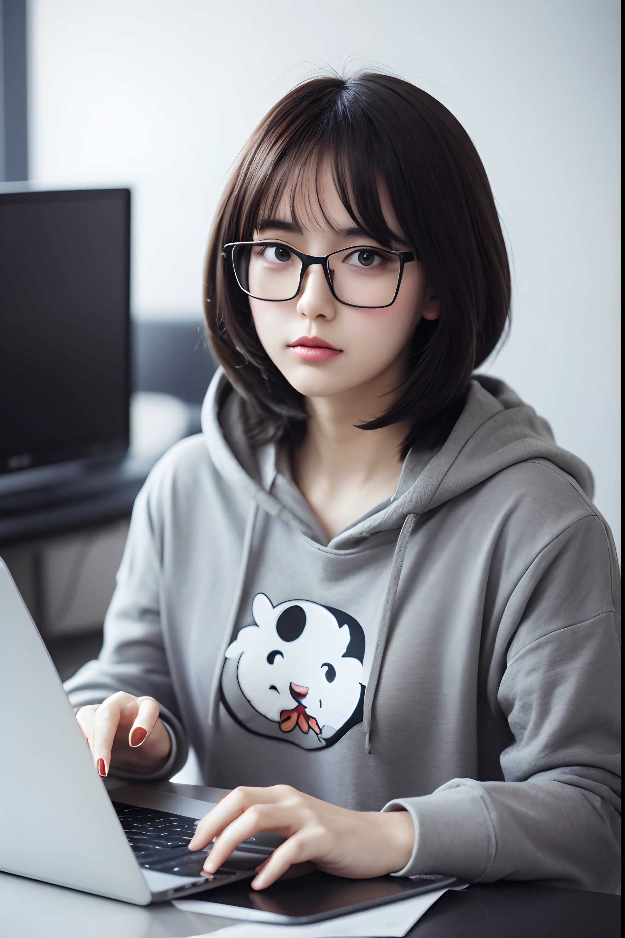 there is a sexy and beautiful woman with glasses looking with focus in a apple macbook  air laptop, looking focused into the laptop, artwork in the style of guweiz, guweiz, girl wearing grey hoodie, high quality portrait, cyberpunk anime girl in hoodie, realistic cute girl painting, age 22 years old, slim girl, cuteness overloaded, realistic anime 3 d style, realistic anime artstyle, with glasses, plugged a white earphone, realistic artstyle, korean girl, realistic anime art style, realistic art style