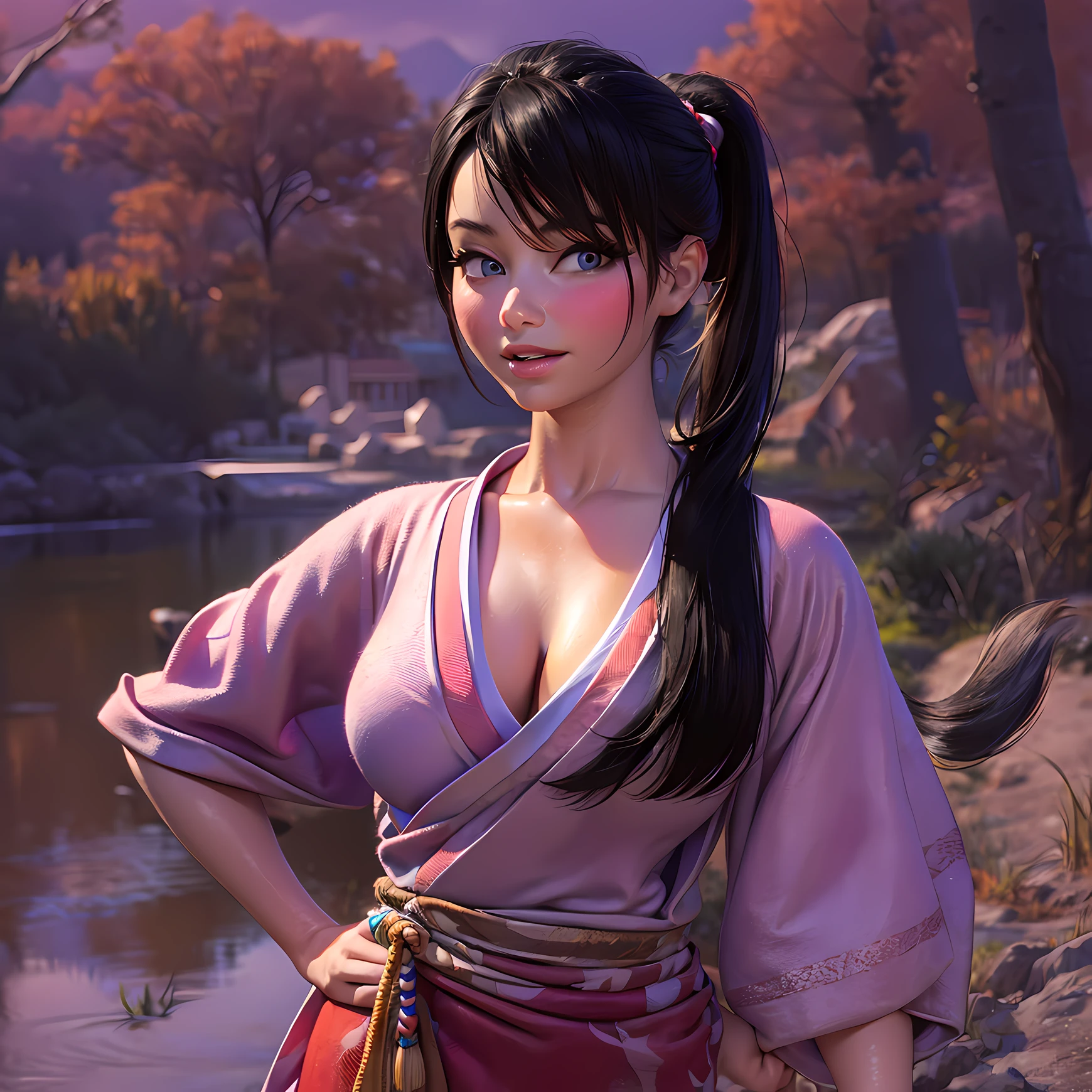 3d animation, (1girl:1.3, solo), (kimono model), (upper body:1.3), (She walks along the dimly lit path of the riverbank.:1.2), (random posing:1.3), highly detailed eyes and pupils, realistic skin, ((attractive body, gigantic breast:1.38, disproportionate breasts:1.38, thin waist:1.15)), medium-length thin hair, ((bobbles ponytail:1.3), (shiny-black hair:1.3),extremely detailed hair, delicate sexy face, sensual gaze, shiny lips, BREAK, (red kimono:1.3), (japanese clothes:1.3), detailed clothes, BREAK, (outdoor:1.2), (blurry background:1.25, simple background, detailed background), (under sunset:1.37), BREAK, ((realistic, super realistic, realism, realistic detail)), perfect anatomy, perfect proportion, hyper sharp image, (attractive emotion, seductive smile:1.2, happy:1.2, blush:1.2, :d:1.2, :p:1.2), ((4fingers and thumb:1.2)), perfect human hands, wind, BREAK, (Masterpiece, best quality, photorealistic, highres, photography, :1.3), ultra-detailed, sharp focus, professional photo, commercial photo,