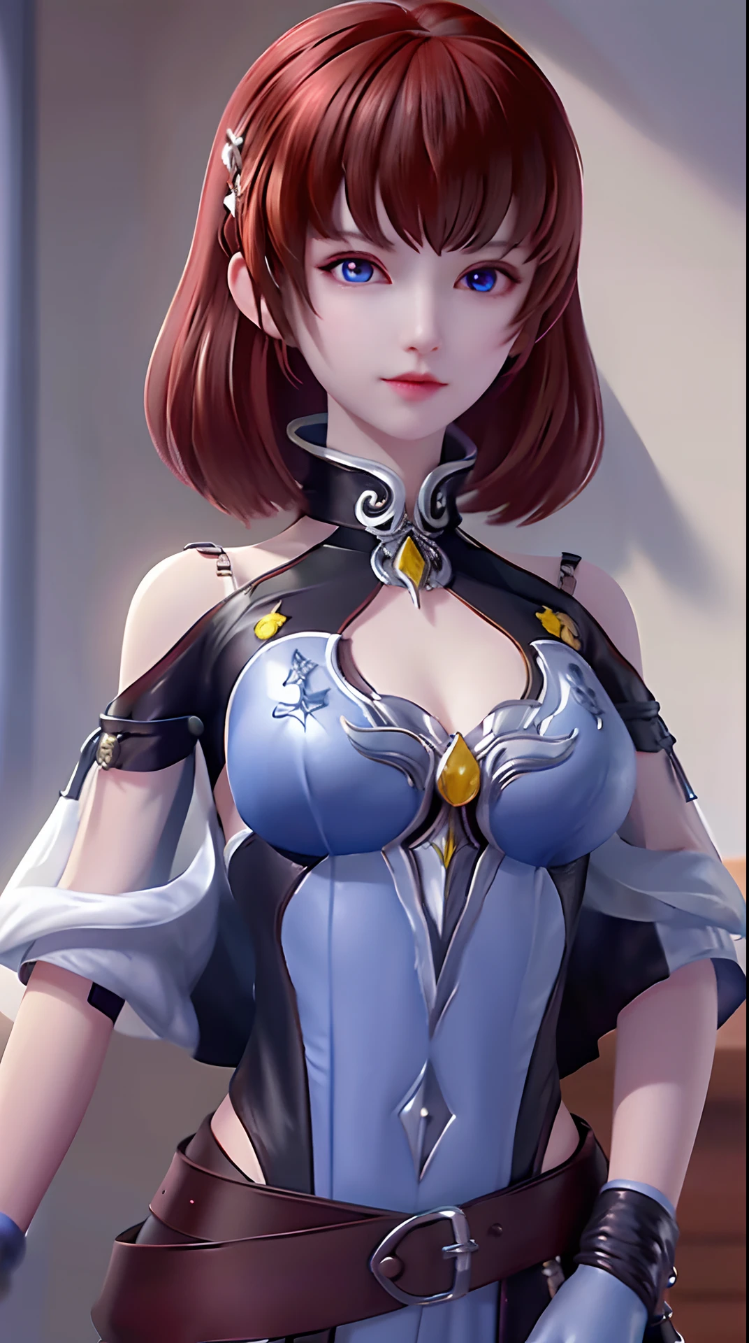Masterpiece,best qualtiy,gloss on the skin,one-girl,brown hair,blue color eyes,deep red_beads,a Chinese-style dress