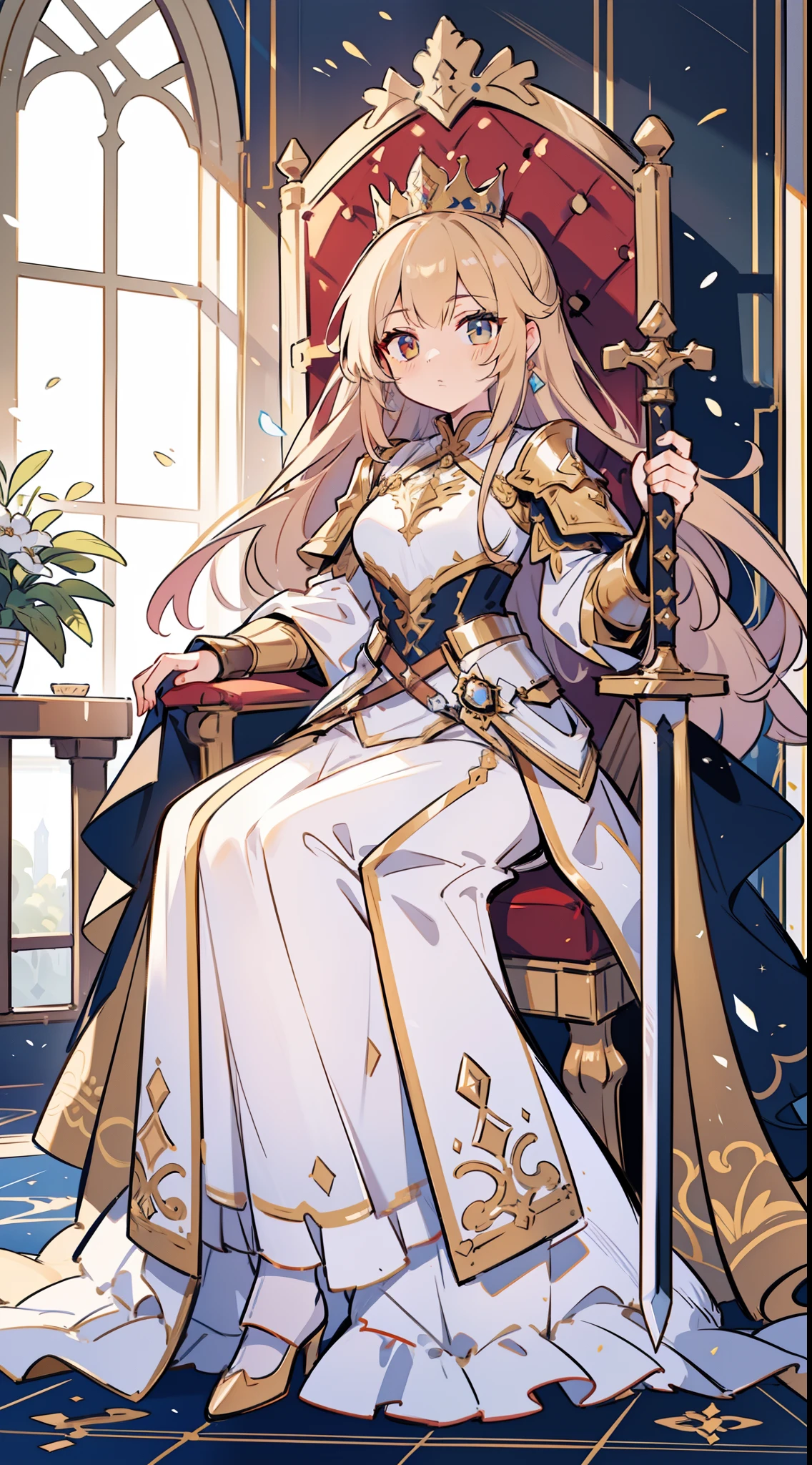 Queen's Guardian Knight. Female knight with beautiful face, Elaborate wearing, Delicate and beautiful armor and sword, Protecting the Queen. Queen in luxurious and elegant costume. sit a chair. The throne room of the majestic palace. Detailed drawing. Vivid colors. High image quality.