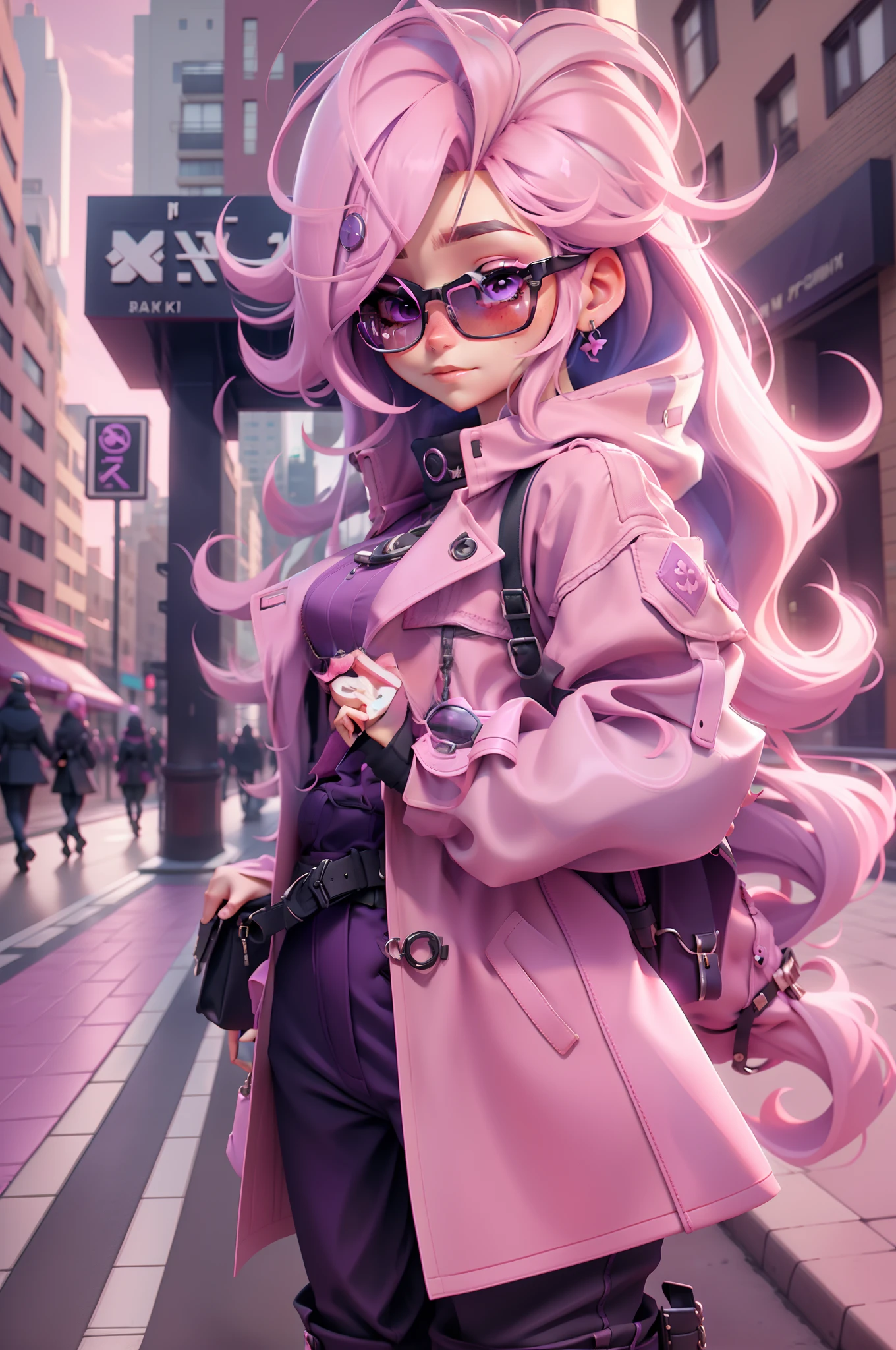 4K, Realistic, high detal, Super eye details, fashionable attire, Pink trench coat, French berets, Black belt pants, Long hair, In the city,  Pink hair, Purple eyes, Yae Miko, Wear stylish sunglasses,