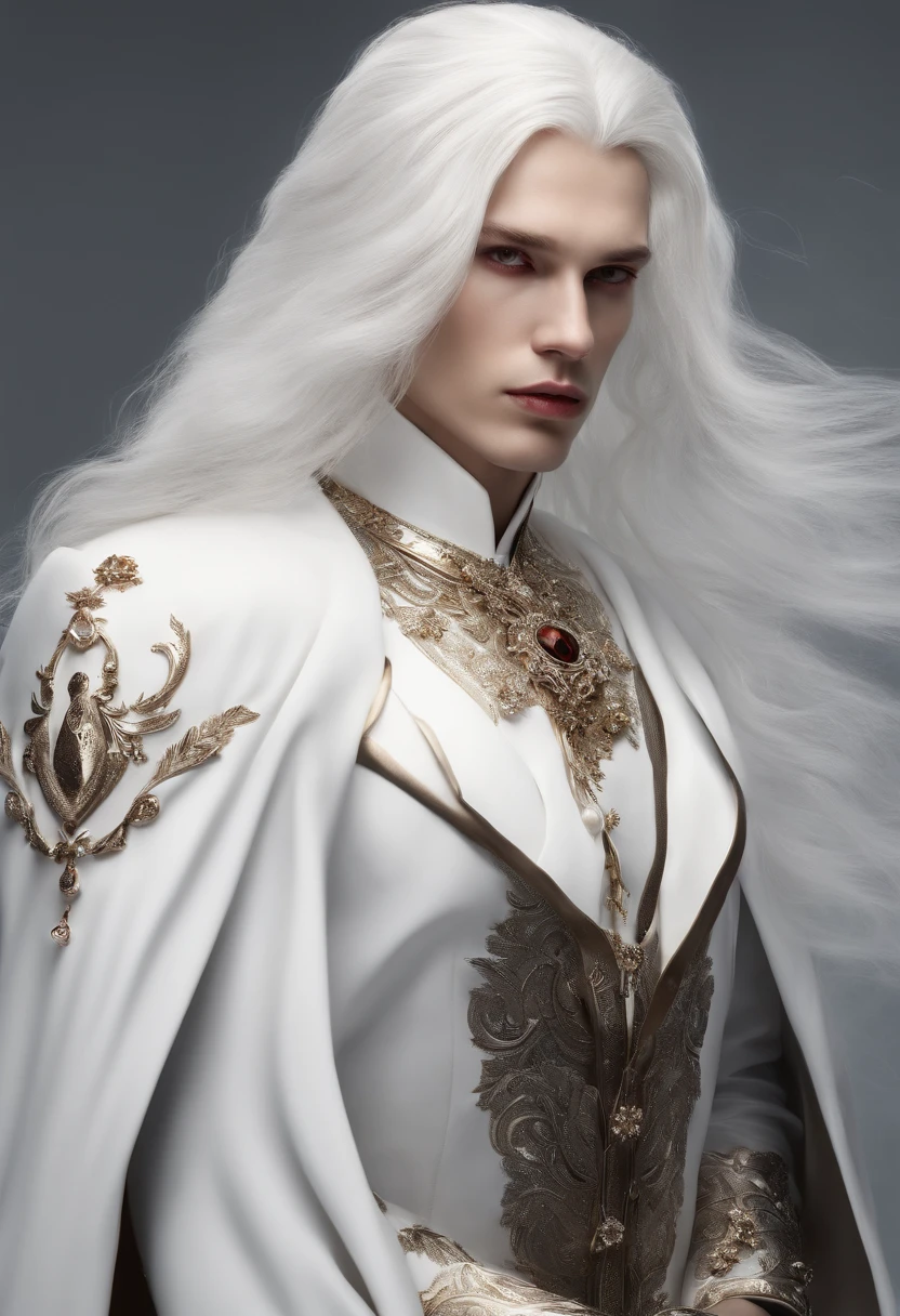 masterpiece, highest quality, approaching perfection, (perfect face:1.1), (high detail:1.1), dramatic, (1guy), pale skin, (long pure white hair:1.4), white eyes, Otto Seppalainen, solo, long hair, white luxury suit, covered navel, snob, albino, Luminous Studio graphics engine, pouty lips, devil magician, volumetric lighting, detailed eyes, (8k wallpaper masterpiece), hyper detailed, intricately detailed, overwhelmingly pixel perfect, roses, fashion, on side, looking at viewer, BalenciagaStyle