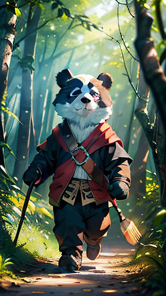 A panda, standing on your feet, forest, paths, Sun, Sunshine, Shining on the body, Red clothes, Smile, arms out, Fierce, brutal, green trees, bushi, paths, Outdoors, Daytime, Sunshine, Blue sky, Cloudy sky, Close-up, Best quality, Super detail, Masterpiece, Golden Hoop Stick, 8K, Very, Detailed CG unified 8K wallpapers, picure, Illustrations,(Masterpiece:1.2),Best quality,Masterpiece,A high resolution,Original,extremelydetailedwallpaper,Perfect lighting,(Extremely detailed CG:1.2),Drawing,paint brushes,
