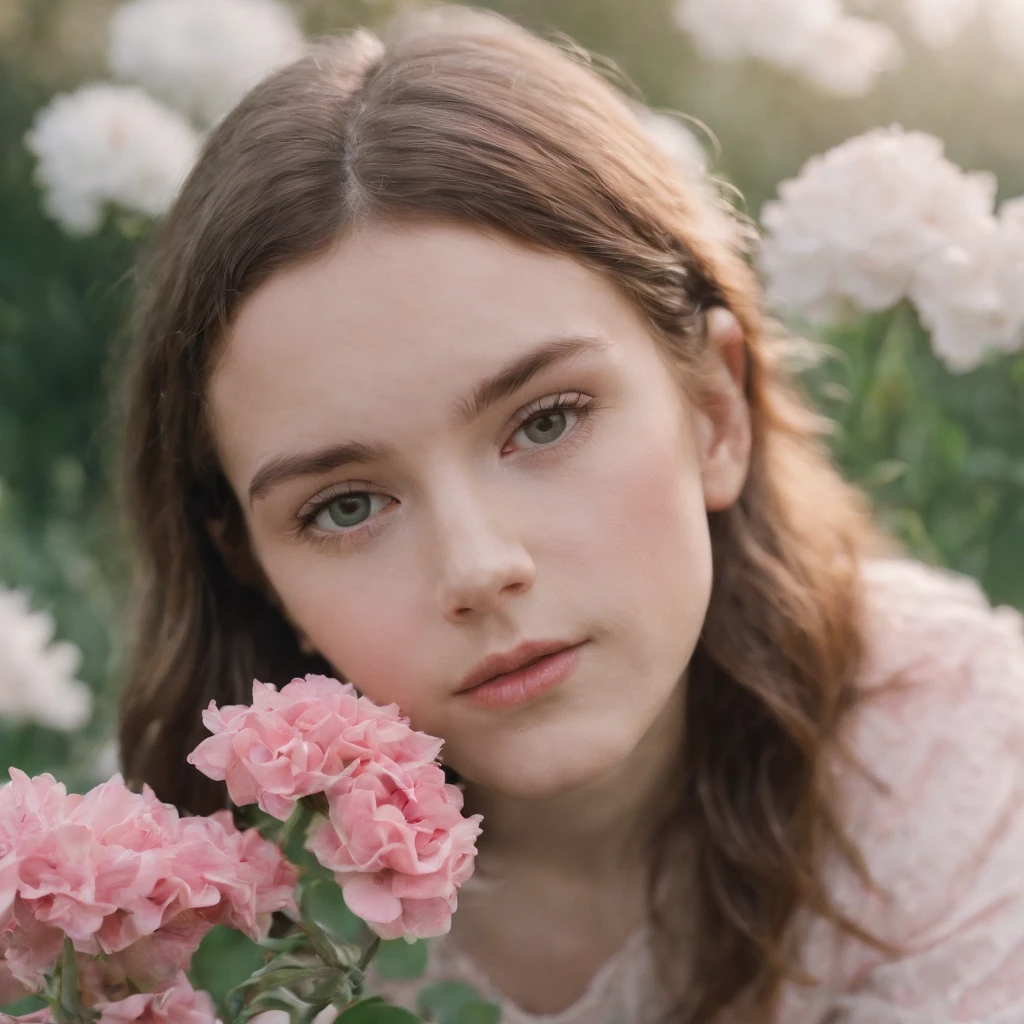 Child on a flower, in the style of androgynous, wollensak 127mm f/4.7 ektar, white and pink, uhd image, punk rock aesthetic, detailed facial features, feminine sensibilities .