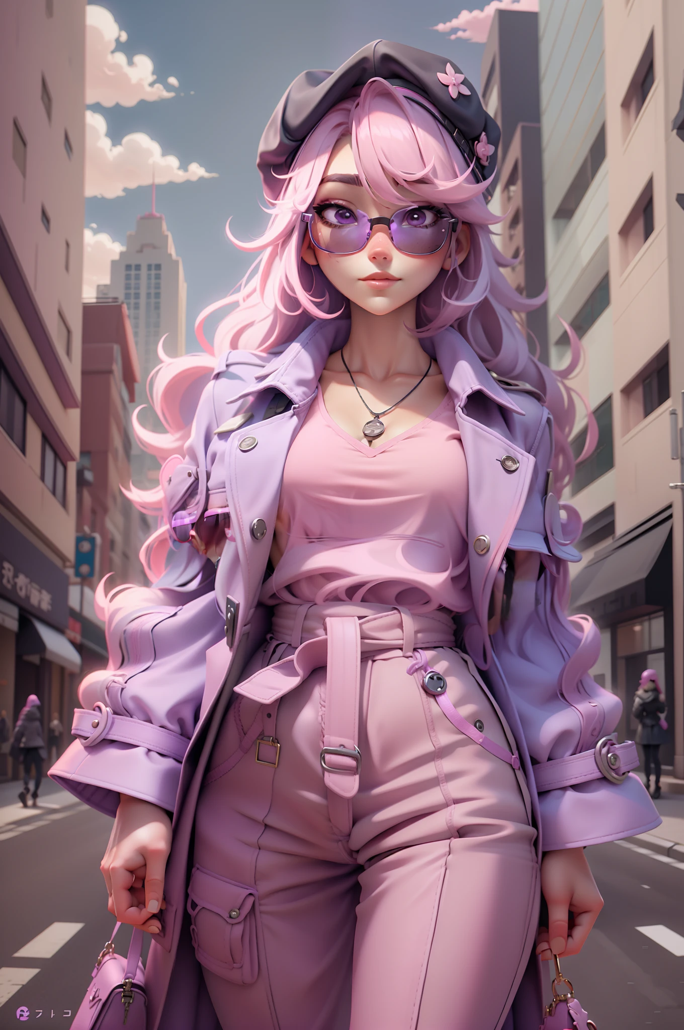 4K, Realistic, high detal, Super eye details, fashionable attire, Pink trench coat, French berets, Black belt pants, Long hair, In the city,  Pink hair, Purple eyes, Yae Miko, Wear stylish sunglasses,