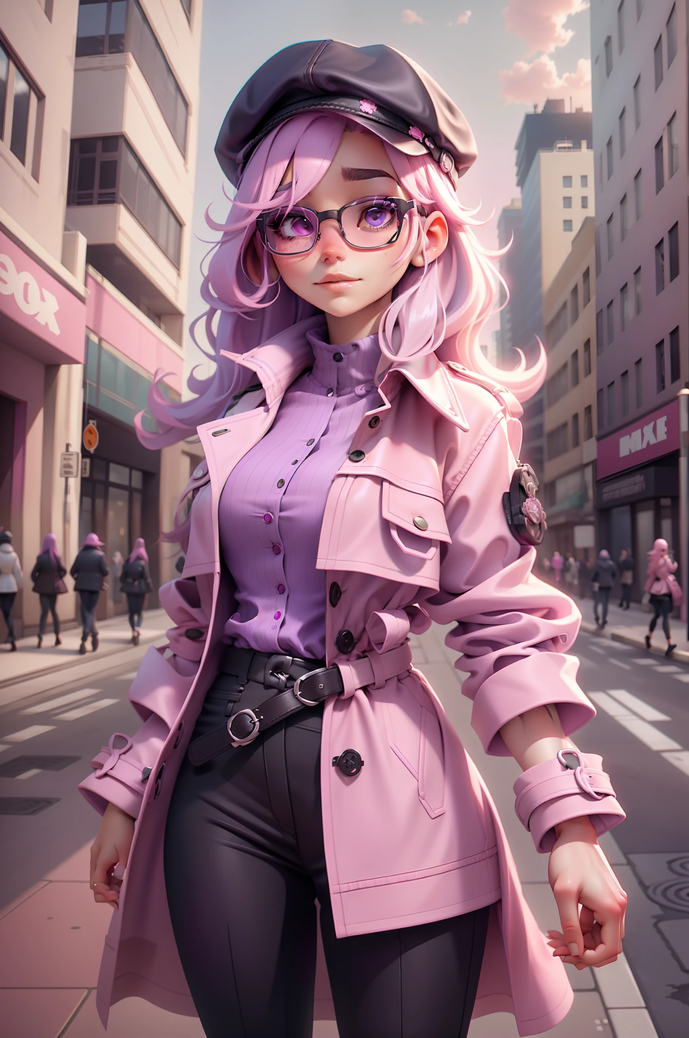 4K, Realistic, high detal, Super eye details, fashionable attire, Pink trench coat, French berets, Black belt pants, Long hair, In the city, Pink hair, Purple eyes, Yae Miko, Wear stylish sunglasses,