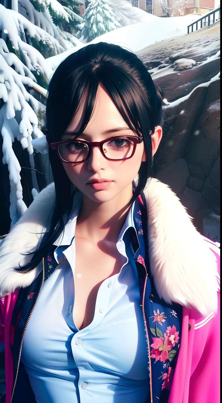 ultra realistic 8k cg, masterpiece, ((ultra detailed background, delicate pattern, intricate detail)), (highly detailed, fine details), best quality, (photorealistic:1.4),beautiful lighting,  absurdres, RAW photo, film grain, ((medium breasts, slim girl)), Tashigi, 1girl, solo, black hair, glasses, epaulettes, weapon, katana, gloves, open mouth, blue hair,  long hair, red-framed eyewear, pants, coat, shirt, brown eyes, floral print, (complex detailed background, snowy nature environment, snow, daytime, sunny),((slim girl, medium breasts)),