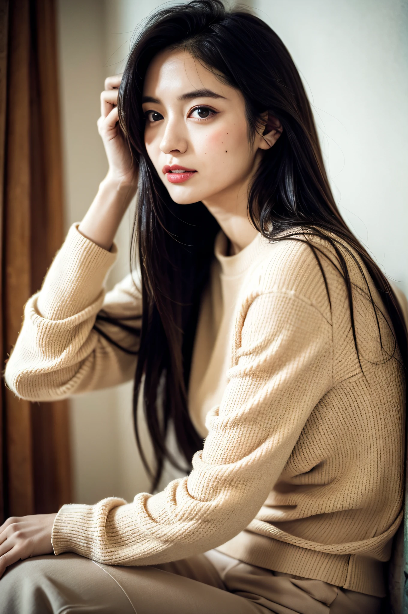 1girl in,Depiction of the most beautiful woman at 30 years old that you think、from the thighs up、Photos for photo books、evening