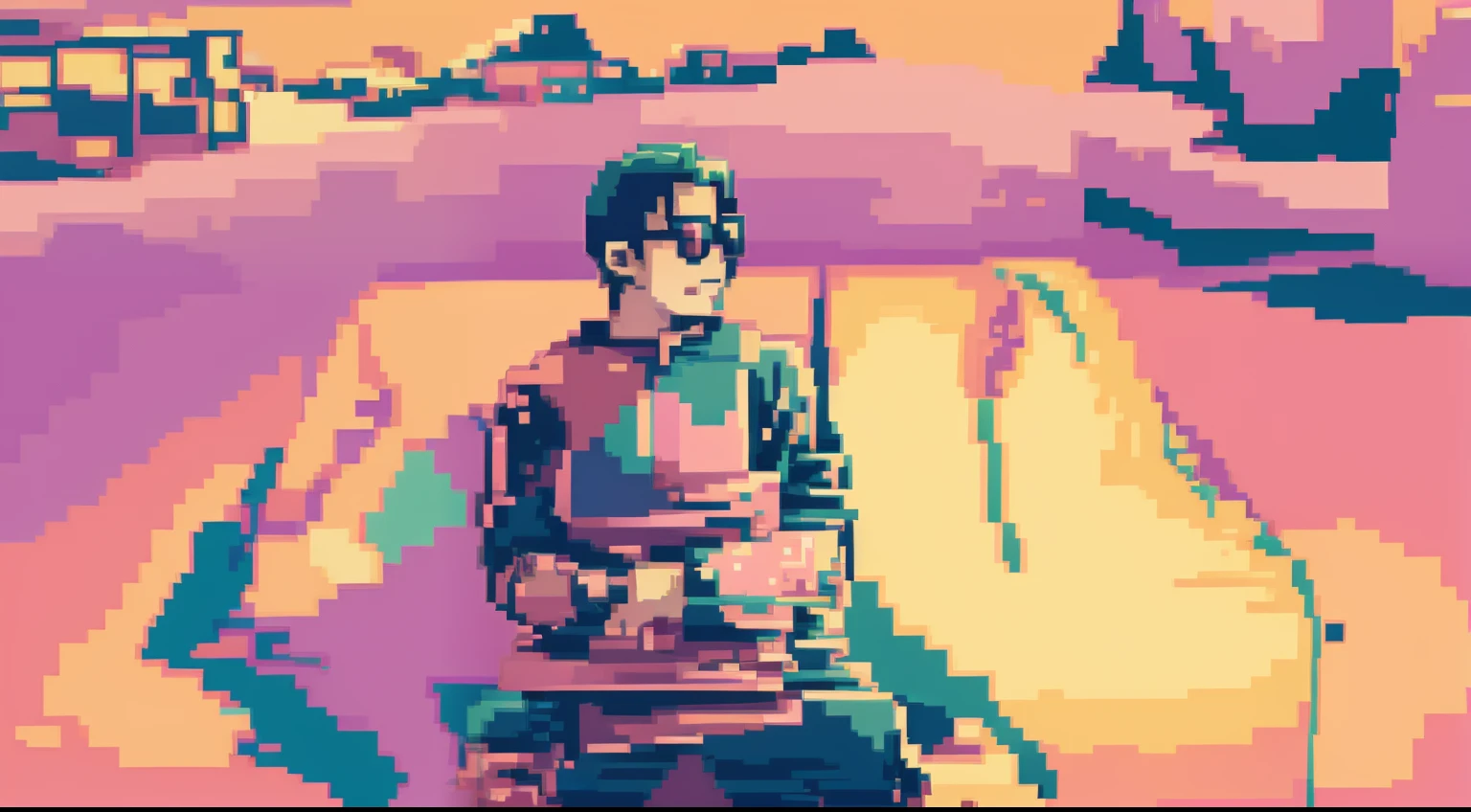 8bit, 8-bit, pixel art, pixel, 1boy, 2d, ((manga)), ((anime)), wearing teal sunglasses, pink sunset, realistic lighting