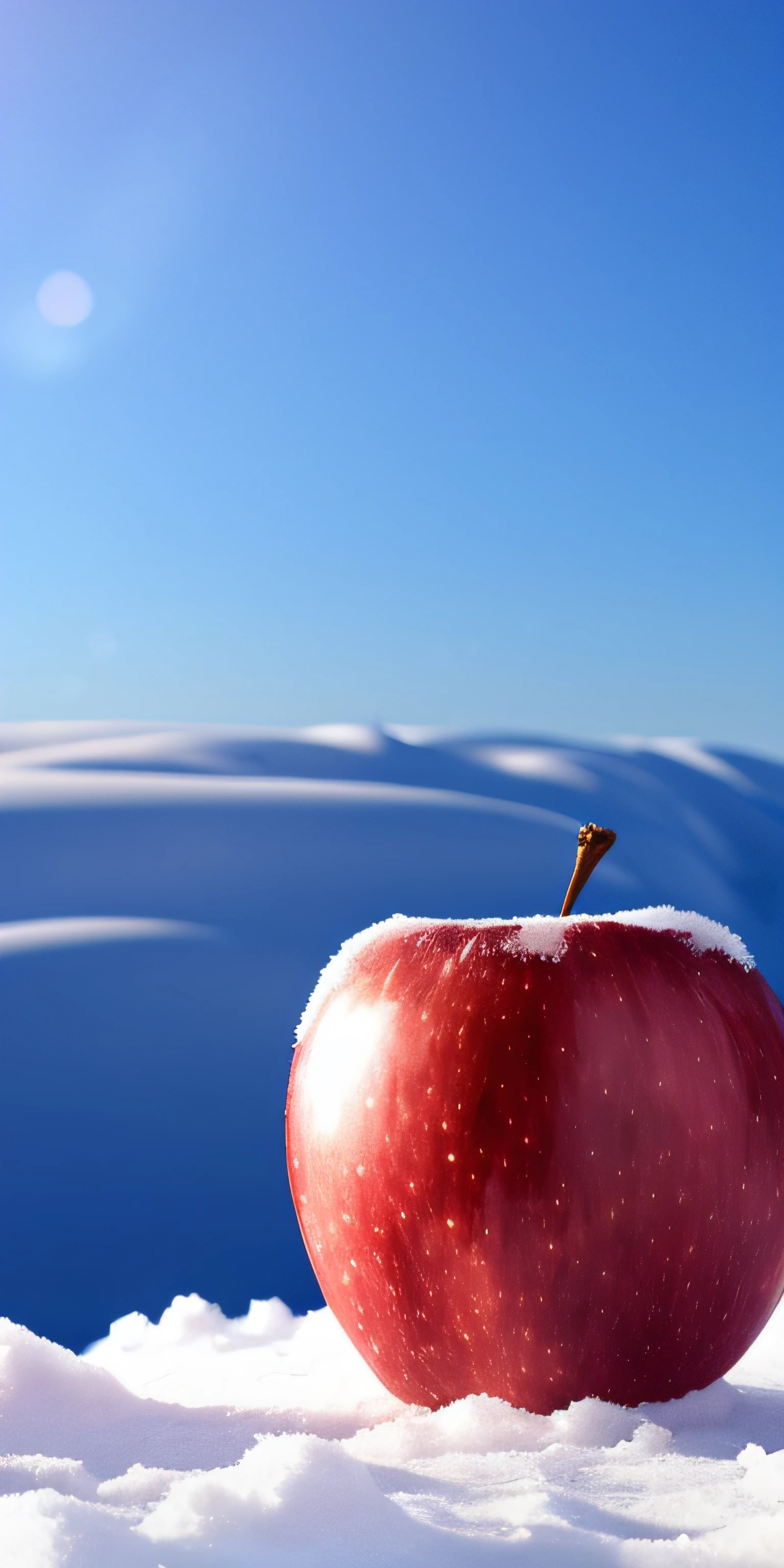 a red apple, snow, ice, good cgi, extreme quality, white, blue,