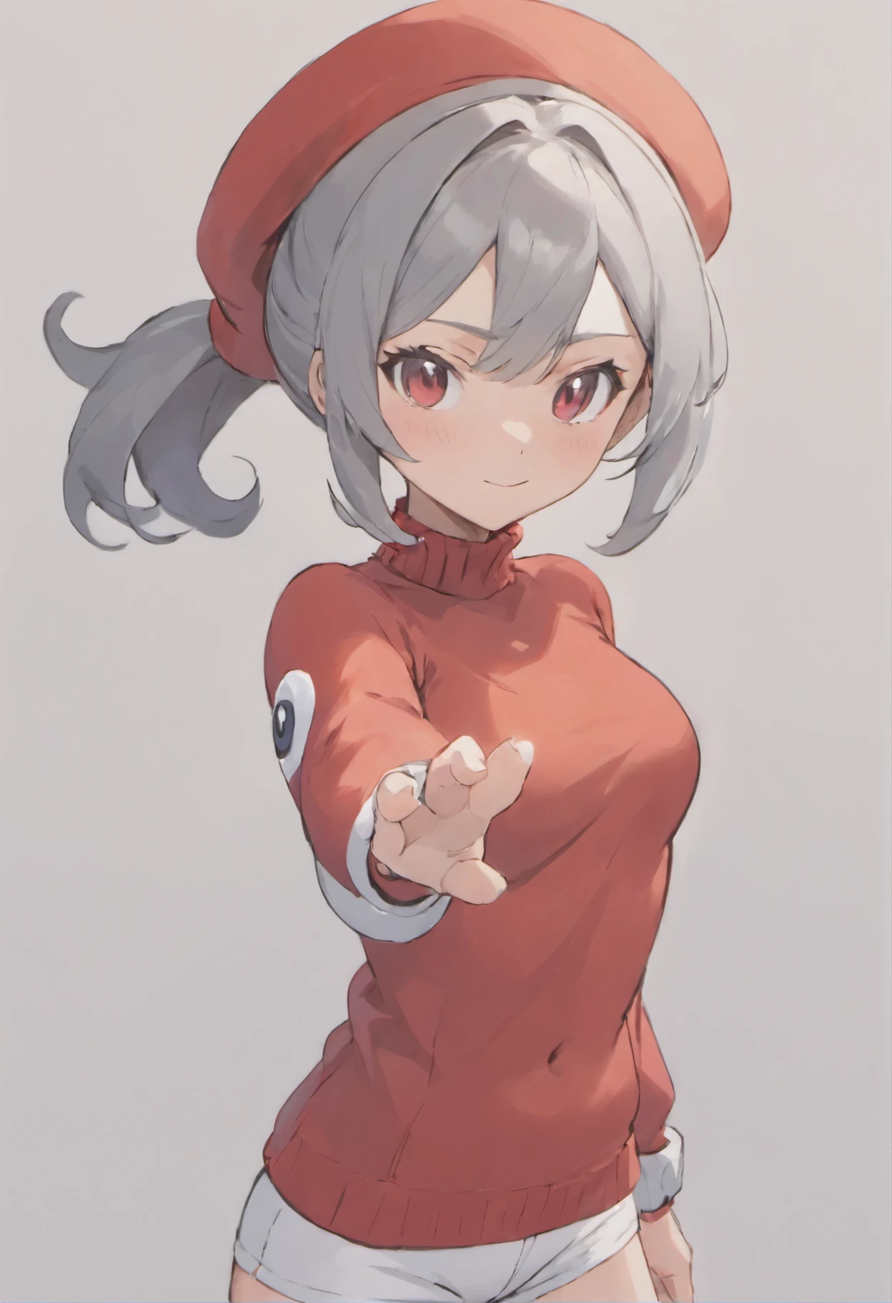 One girl、Arms forward、Hand Par、Close-up of the subject's upper body、Composition of the subject seen from the front、Long Sleeve Red Turtleneck Knit、White shorts、red headwear、Gray ponytail、Pose with one arm thrust forward、