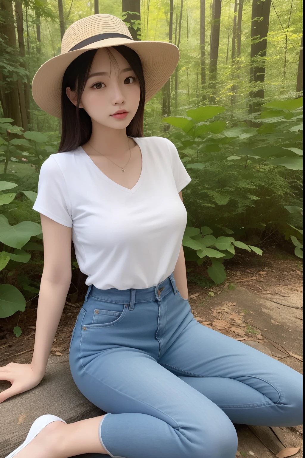 Asian woman sitting on the ground in the middle of the woods,Wearing a hat and blue skinny jeans, Open V chest clothes, Gorgeous young Korean woman, Beautiful Asian girl, Sexy girl, beautiful Korean women, young and cute girl, Korean girl, Good young girl, Beautiful young Korean woman, Asian girl, smooth white tight clothes suit, 2 4 old female model, Attractive girl