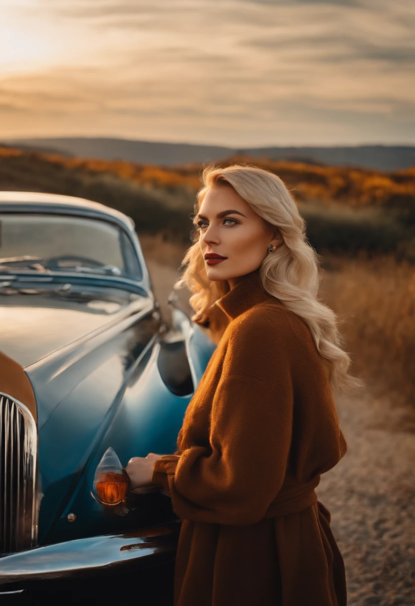 blonde woman,autumn , retro car and sea in the background, sunny day, half body shot, high quality photo