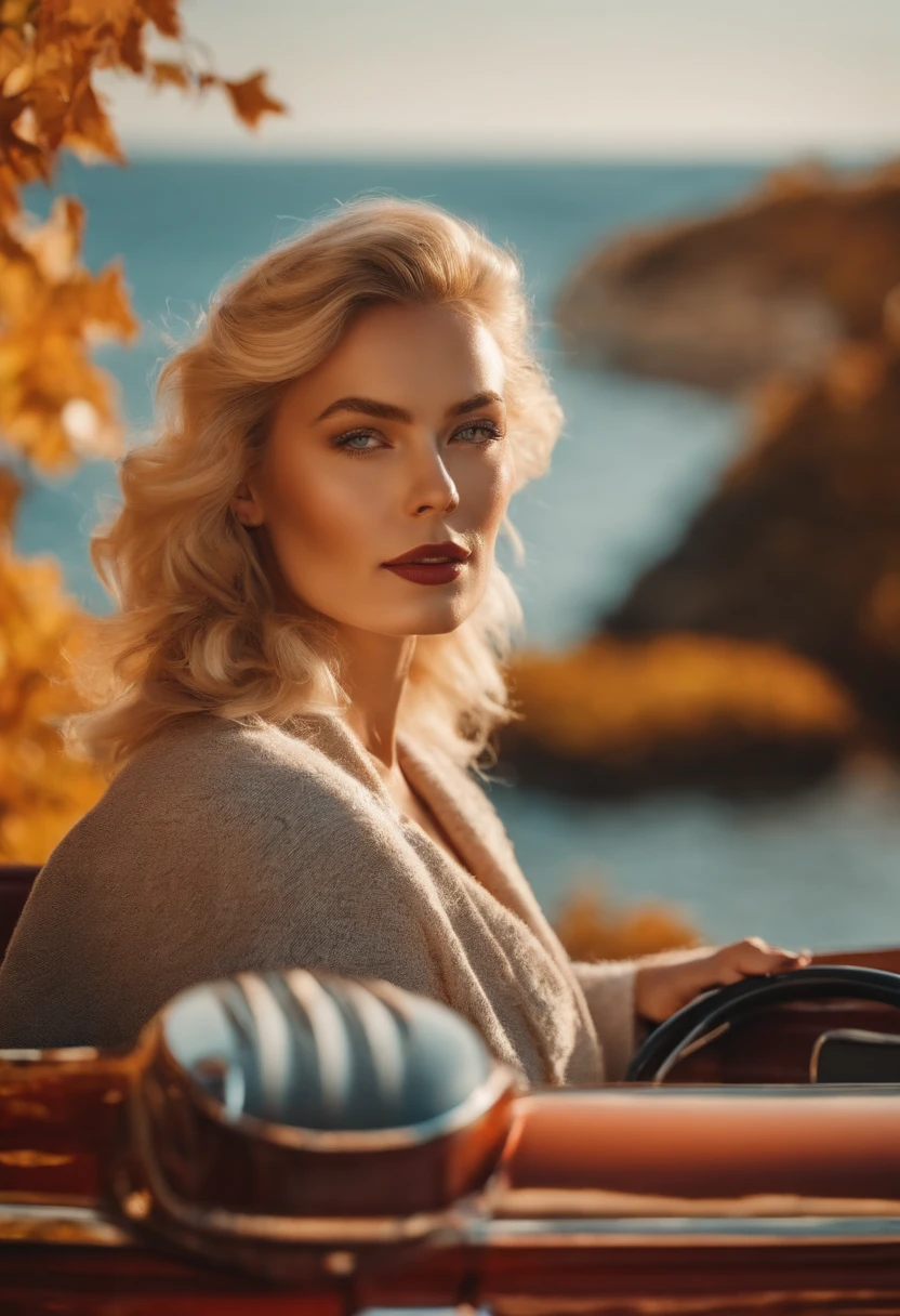 blonde woman,autumn , retro car and sea in the background, sunny day, half body shot, high quality photo