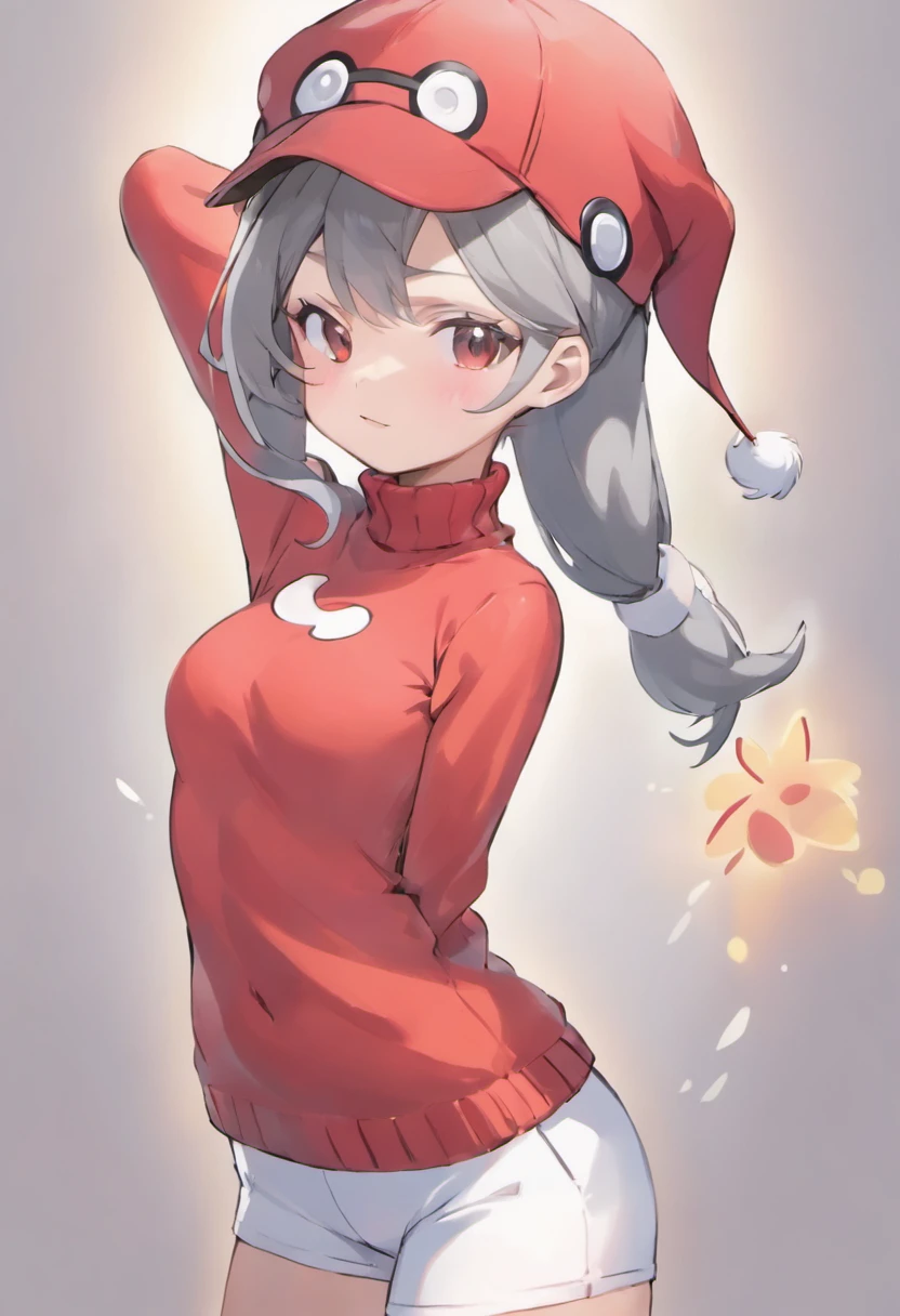 One girl、Bring your arms forward、Hand Par、Close-up of the subject's upper body、Composition of the subject seen from the front、Long Sleeve Red Turtleneck Knit、White shorts、Red Cap Hat、Gray ponytail、Pose with one arm thrust forward、