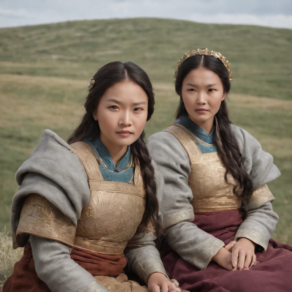 Create an image of Genghis Khan's daughters sitting on a large map of the Mongol empire, cercadas por conselheiros e estrategistas. They may be discussing defense and protection plans for the Mongol lands.