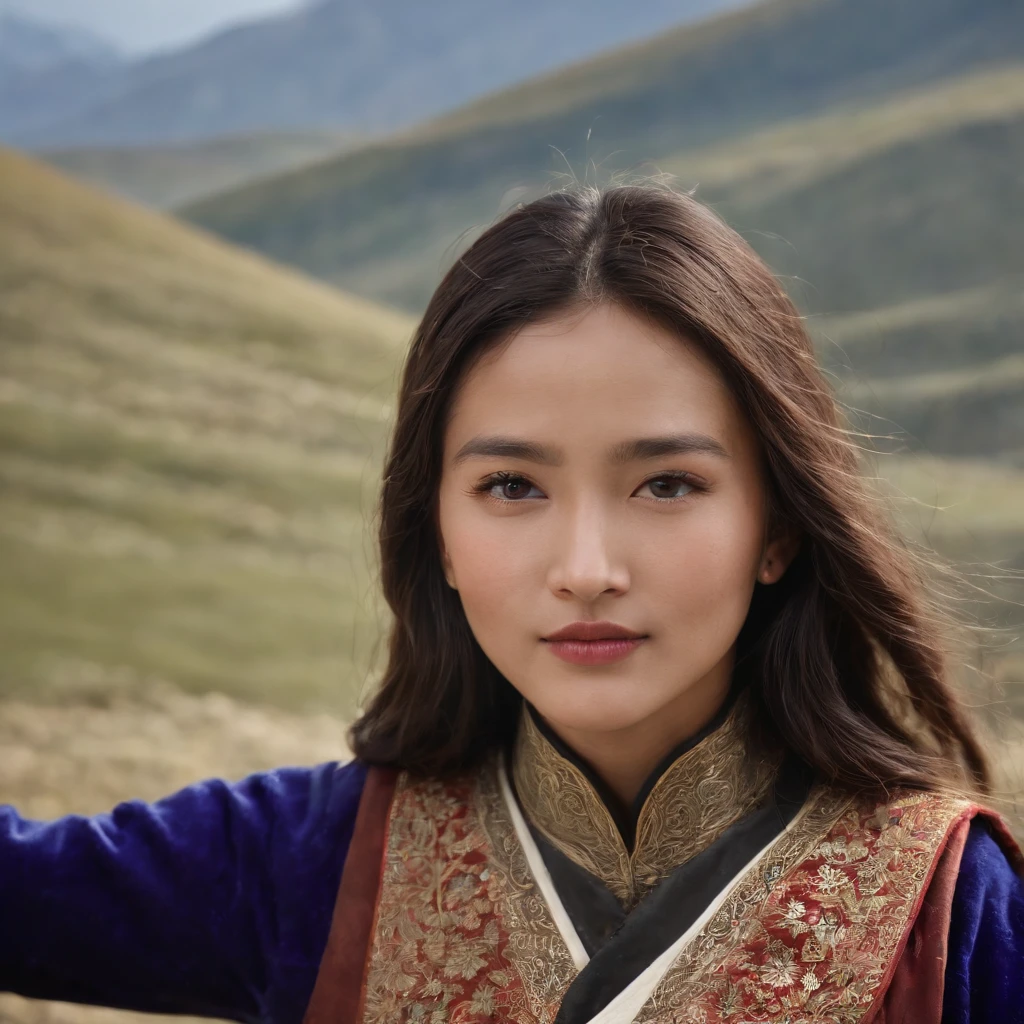 surrealism, Verism, Chiaroscuro, Depth of field, Cinematic lighting, movie picture quality，strong contrast of light and shadow，back lit lighting, filmgrain, hyper HD, Masterpiece, ccurate, Textured skin, Super detail, High details, High quality, Best quality, A high resolution, 8K,The scene is the scenery of the Qinghai-Tibet Plateau，There are snowy mountains，prayer flags，wooden cabin，「A beautiful 28-year-old Tibetan girl」，The costumes are Tibetan art costumes，Photographic style