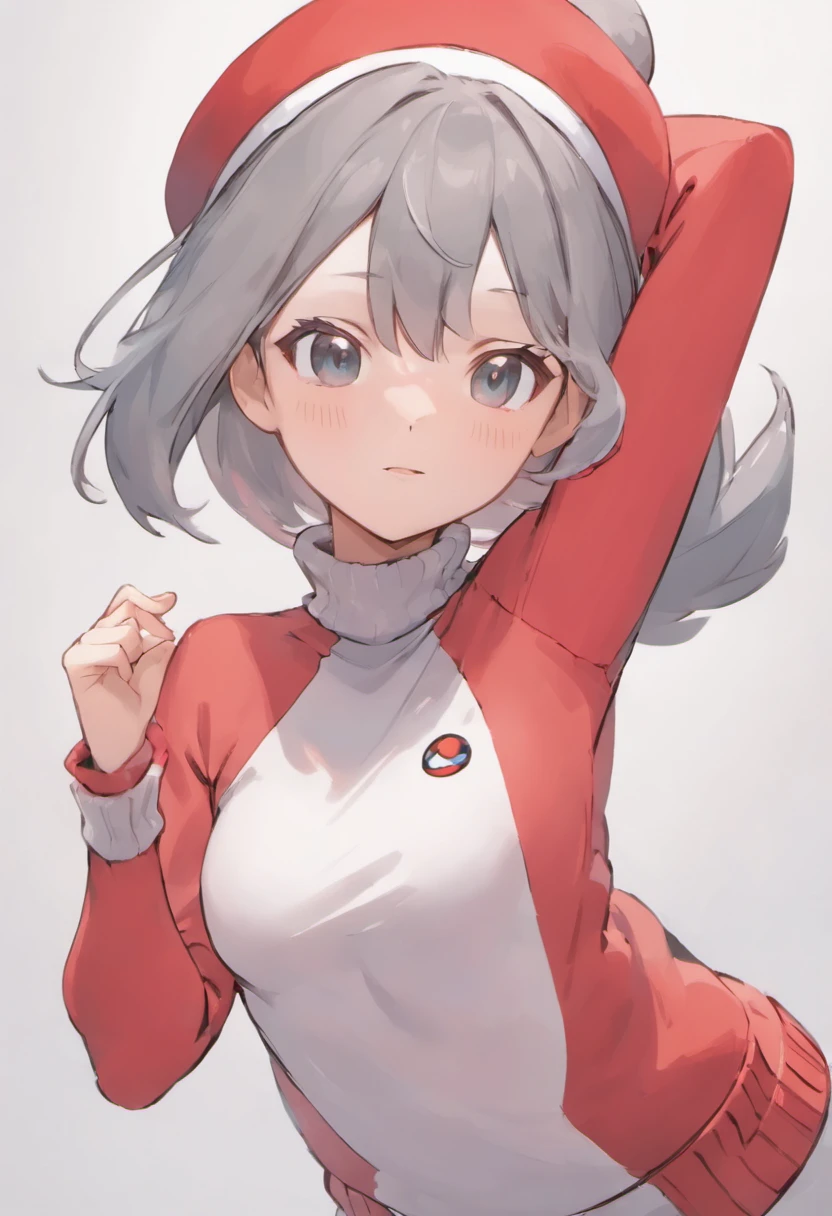 One girl、Bring your arms forward、Hand Par、Close-up of the subject's upper body、Composition of the subject seen from the front、Long Sleeve Red Turtleneck Knit、White shorts、Red Cap Hat、Gray ponytail、Pose with one arm thrust forward、