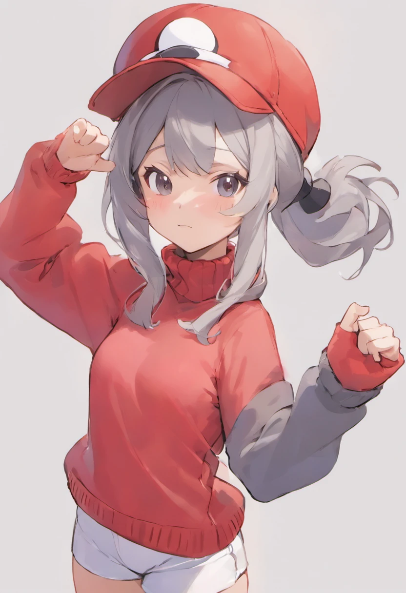 One girl、Bring your arms forward、Hand Par、Close-up of the subject's upper body、Composition of the subject seen from the front、Long Sleeve Red Turtleneck Knit、White shorts、Red Cap Hat、Gray ponytail、Pose with one arm thrust forward、