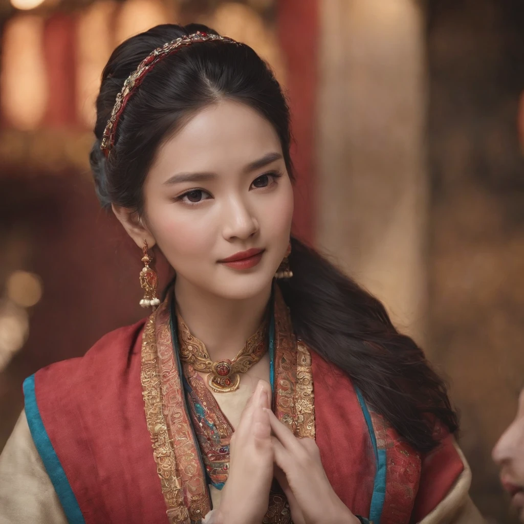 (tmasterpiece,best qualtiy,realisticlying:1.37),(Complex and sophisticated,Highly detailed skin and face),(1girll),独奏,standing on your feet,a beauty girl,Tibetan clothing,Colorful costumes, Fleece collar, Padded collar,High-end Tibetan clothing,Cumbersome Tibetan costume design,Warm clothing,Winter clothing,Appearance Yang Chaoran,Rounded face shape,Gorgeous Tibetan costumes,Cumbersome Tibetan necklace,Cumbersome Tibetan headdress,Colored headband,cinematic pastel lighting,8k wallpaper,Solidarity,art stations,High resolution CG