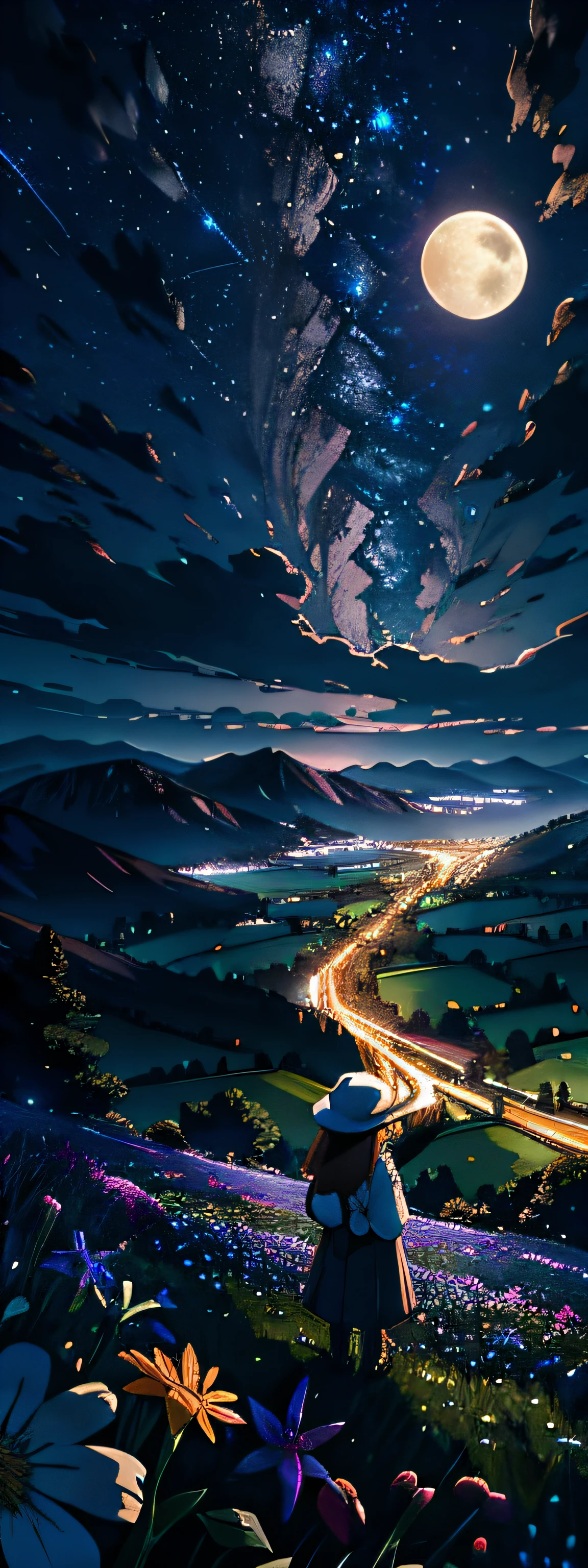 Expansive landscape photograph, (view from below with a view of the sky and the wilderness below), girl standing in a flower field looking up, (full moon: 1.2), (shooting star: 0.9), (nebula: 1.3), distant mountain, tree break production art, (warm light source: 1.2), (firefly: 1.2), lamp, purple and orange, intricate detail, volume lighting BREAK (masterpiece: 1.2), (highest quality ), 4k, ultra-detailed, (dynamic configuration: 1.4), highly detailed and colorful details (iridescent: 1.2), (sparkling lighting, atmospheric lighting), dreamy, magical, (solo: 1.2)