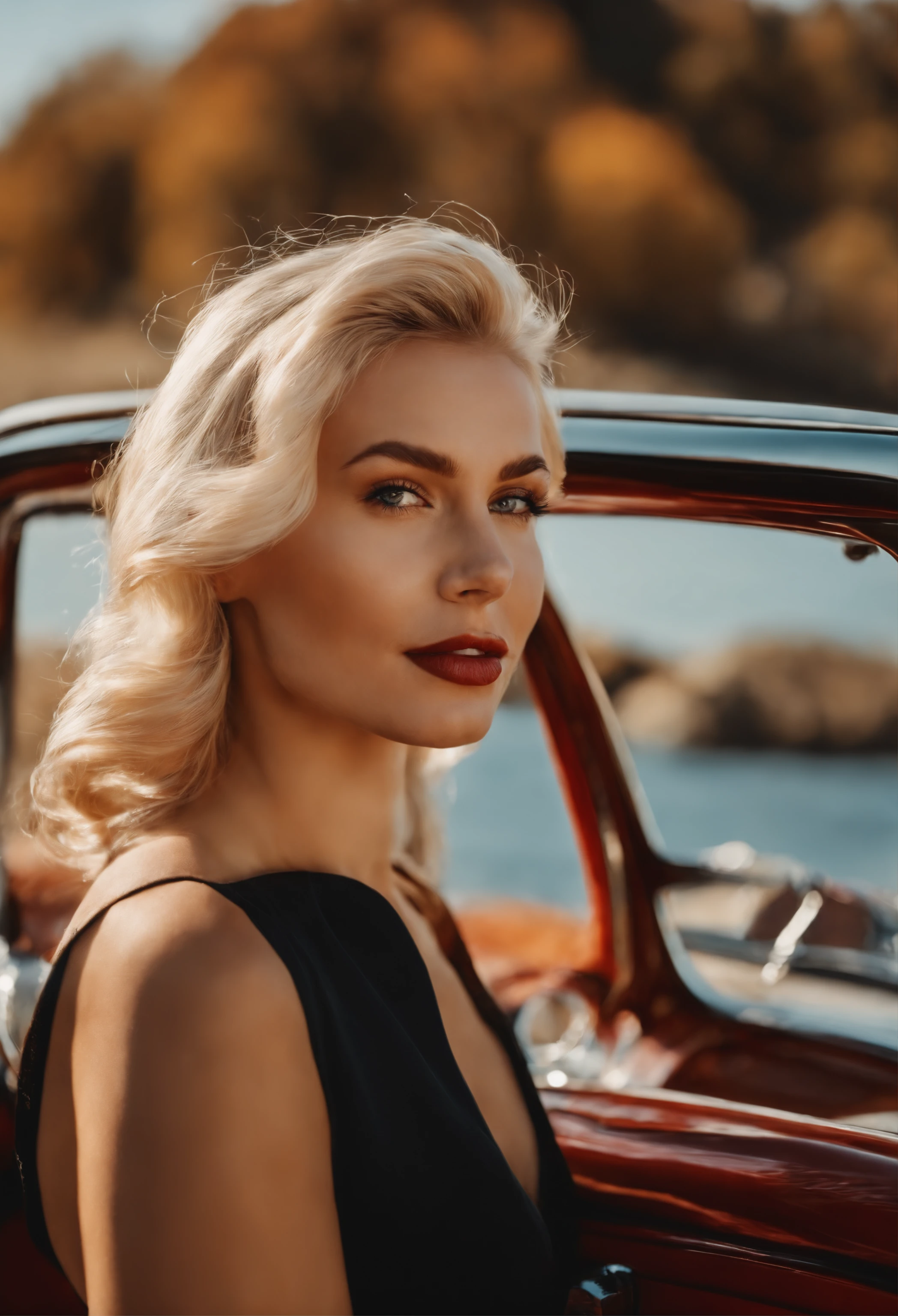 blonde woman,autumn , retro car and sea in the background, sunny day, half body shot, high quality photo