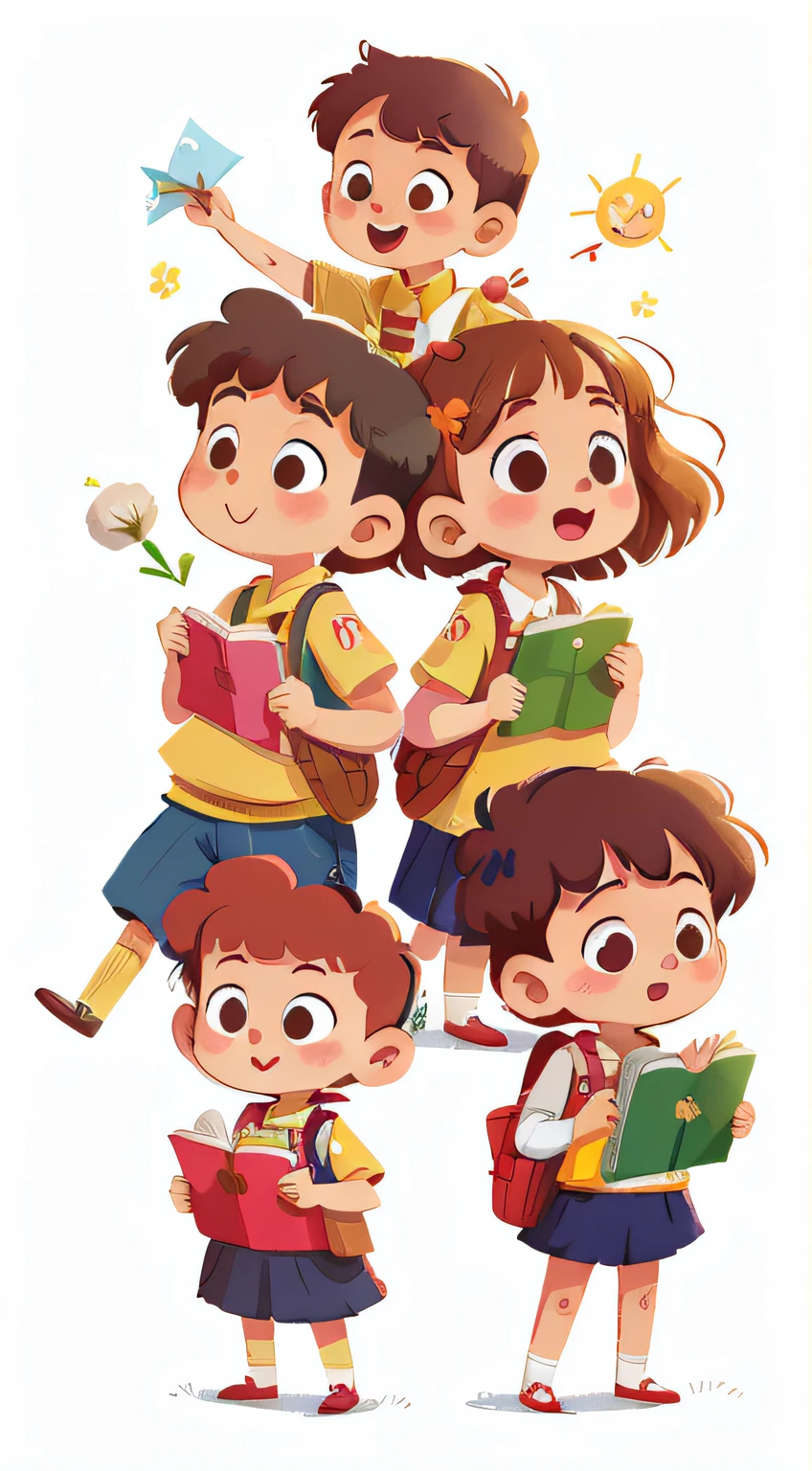 illustration, Masterpiece, Best quality,
Students in school uniforms, (Girls and boys) Stand hand in hand, Shoulder to shoulder, Place your hand on your shoulder from the other side, cheerfulness, full bodyesbian, In the style of children's book characters, character sheets, White background, adjective + object, character sheets, Children's book characters, White background, White background, view the viewer
