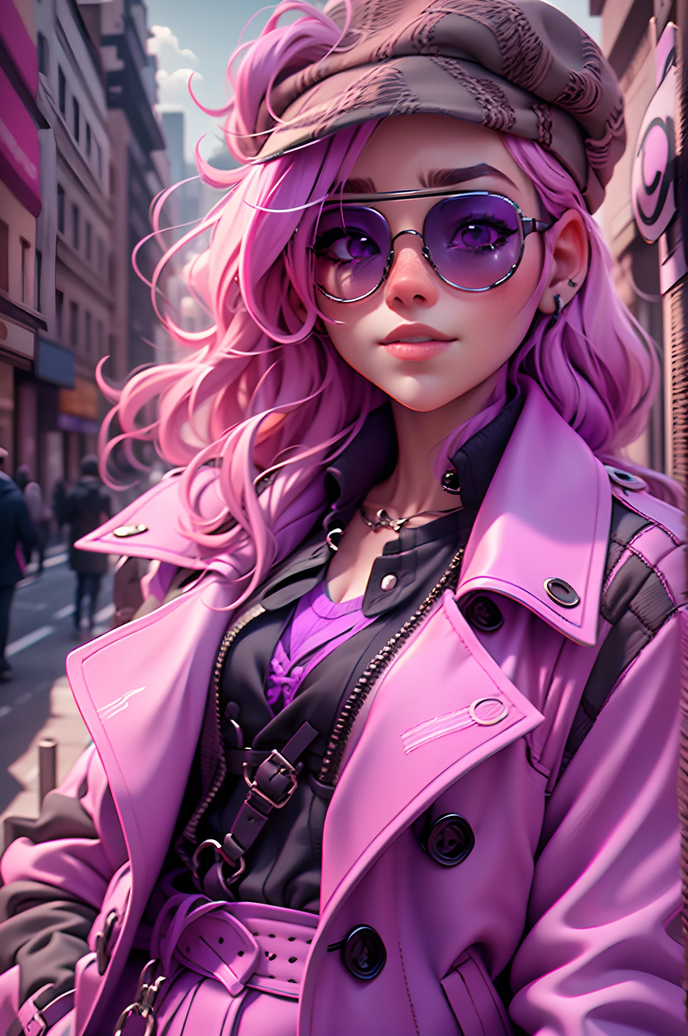 4K, Realistic, high detal, Super eye details, fashionable attire, Pink trench coat, French berets, Black belt pants, Long hair, In the city,  Pink hair, Purple eyes, Yae Miko, Wear stylish sunglasses,