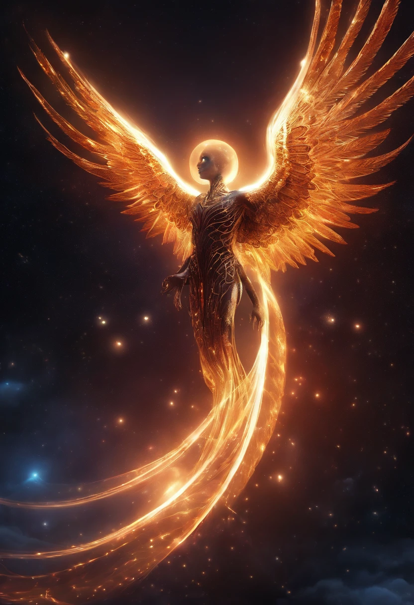 Fallen Angels of the Universe, glowing light eyes, biomechanical, eery, creepy, nightmarish, Very bright colors, light Particle, with light glowing, Musif, Wallpaper Art, UHD Wallpapers
