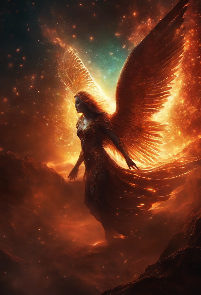 Fallen Angels of the Universe, glowing light eyes, biomechanical, eery, creepy, nightmarish, Very bright colors, light Particle, with light glowing, Musif, Wallpaper Art, UHD Wallpapers
