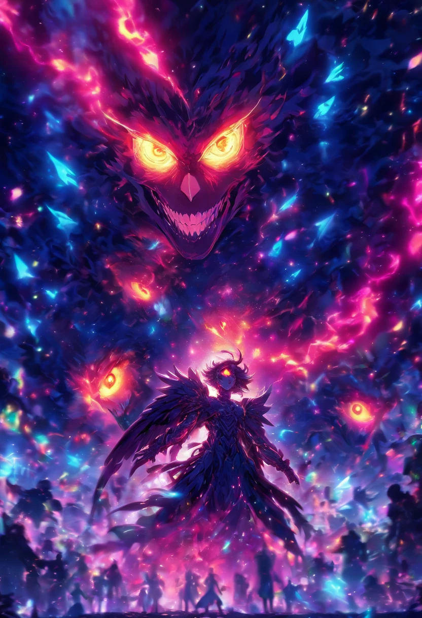 Fallen Angels of the Universe, glowing light eyes, biomechanical, eery, creepy, nightmarish, Very bright colors, light Particle, with light glowing, Musif, Wallpaper Art, UHD Wallpapers