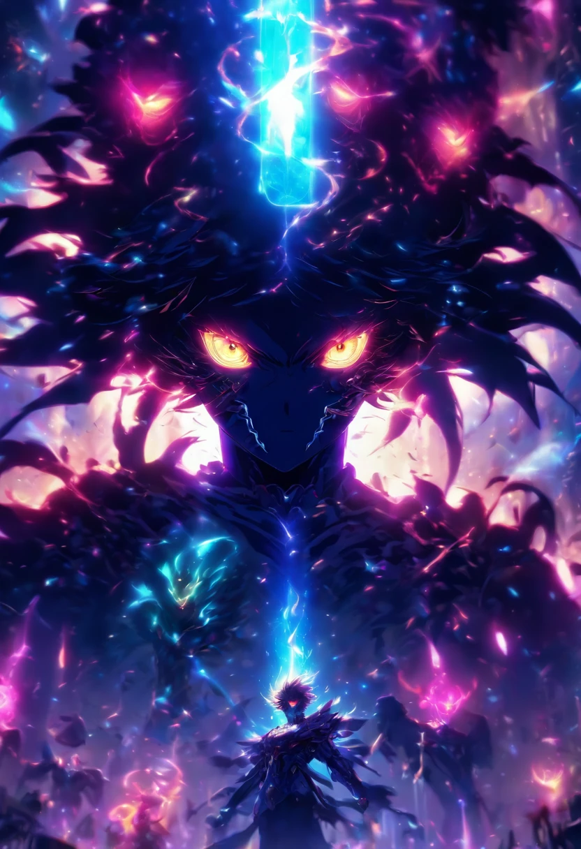 Fallen Angels of the Universe, glowing light eyes, biomechanical, eery, creepy, nightmarish, Very bright colors, light Particle, with light glowing, Musif, Wallpaper Art, UHD Wallpapers
