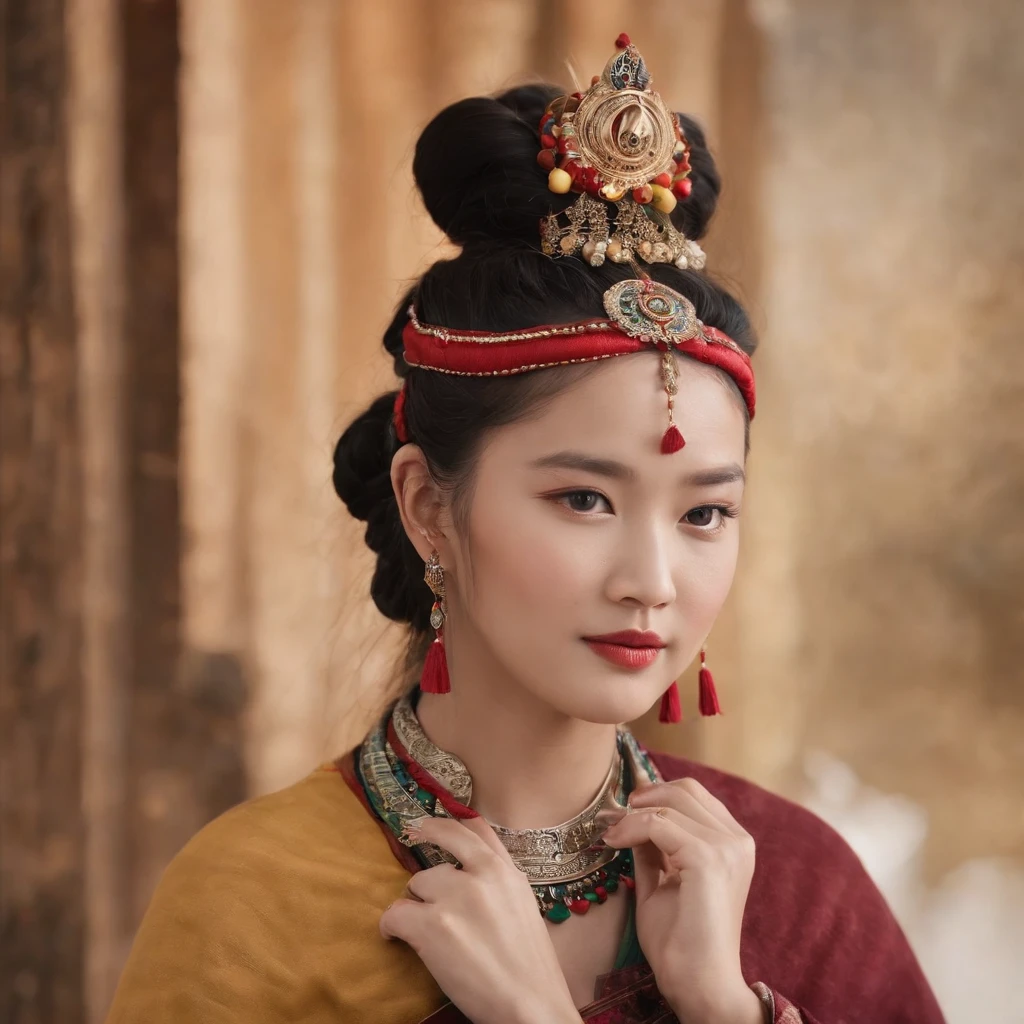 （tmasterpiece，best qualtiy，realisticlying：1.37），（Complex and sophisticated，Highly detailed skin and face），（1girll），独奏，standing on your feet，a beauty girl，Tibetan clothing，Colorful costumes， Fleece collar， Padded collar，High-end Tibetan clothing，Cumbersome Tibetan costume design，Warm clothing，Winter clothing，Appearance Yang Chaoran，Rounded face shape，Gorgeous Tibetan costumes，Cumbersome Tibetan necklace，Cumbersome Tibetan headdress，Colored headband，cinematic pastel lighting，8k wallpaper，Solidarity，art stations，High resolution CG