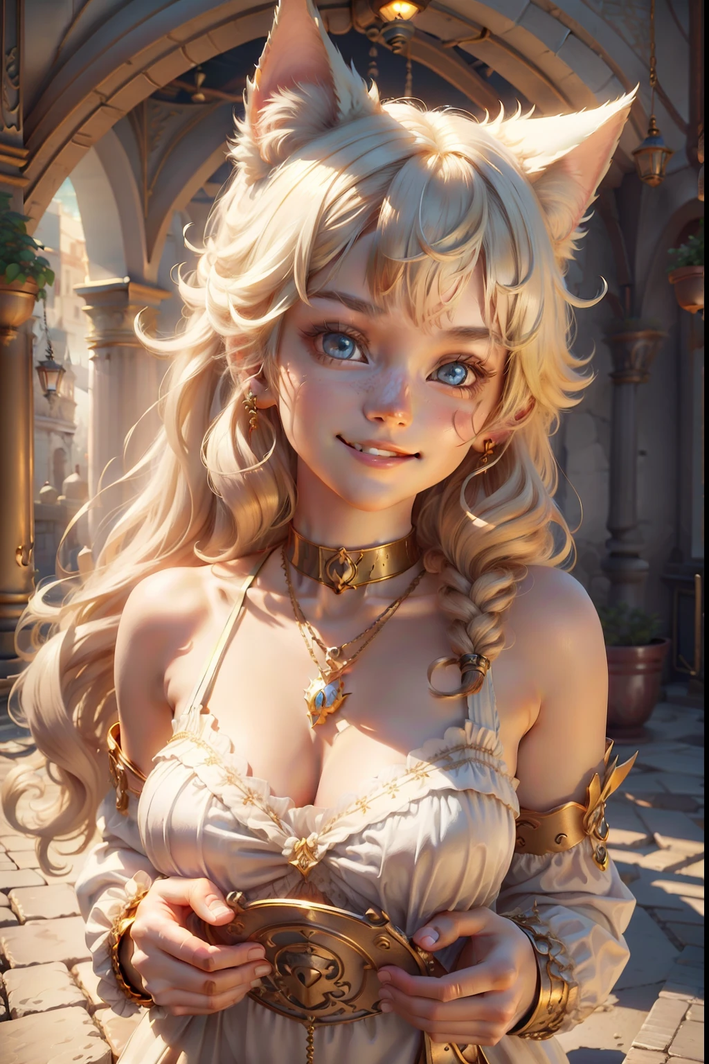 （（Girl's face+The body of a cat）），adorable smile，Different colored eyes remind necklace、adorable and fluffy、Attractive 3D Vector Art、of fantasy art、digitial painting、Soft lighting、Isometric style、