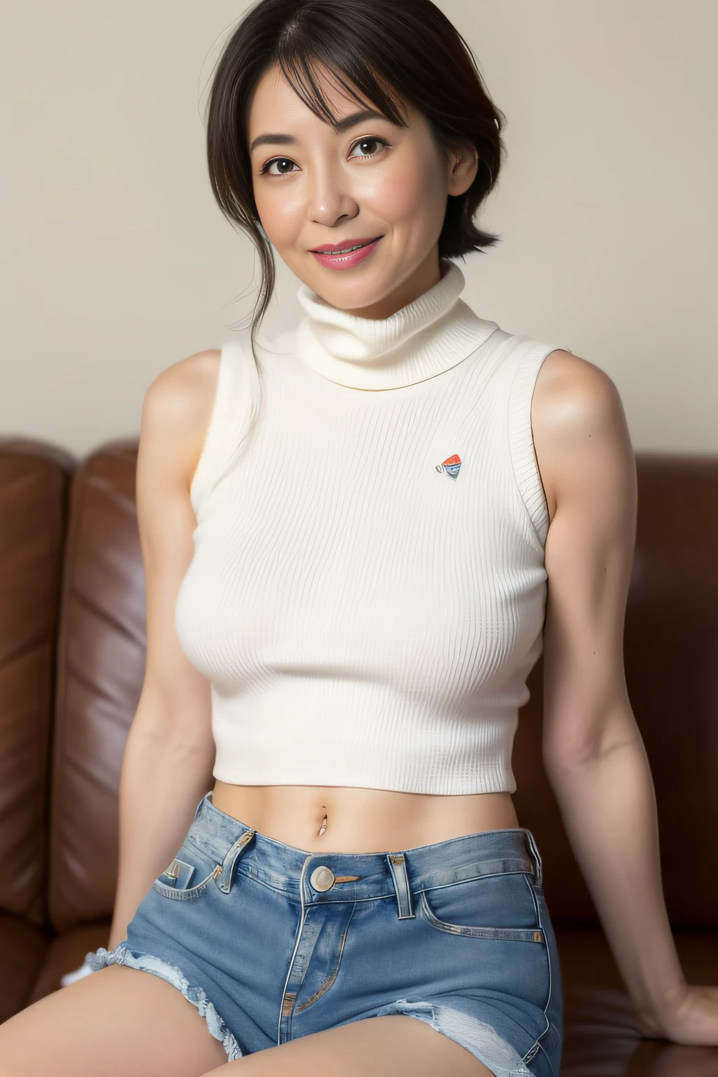 japanese mature, (Solo), 50 years old, (Wrinkles at the corners of the eyes:1.2), Large breasts, A MILF, glamor, A sexy, Chromo-white skin, Looking at Viewer、Super large udder、Wearing a sleeveless turtleneck knit、Tight Fit Knitted Dresses、Muchimuchi、(Super Short Denim Shorts:1.3)、high-heels、ssmile、livingroom、Sitting with legs open、 (Navel exposed:1.3)