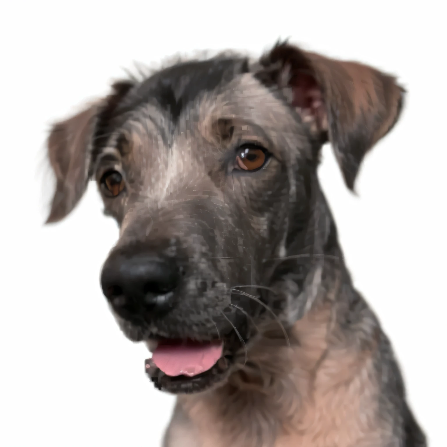 Araffe dog with a very large, Shaggy face and a pink tongue, inspirado em Elke Vogelsang, morphing dog head, rosto magro e raspado, orelhas cinzentas, em fundo claro, pimenta, Directed by: Elke Vogelsang, Uma imagem gerada por IA, nariz pequeno virado para cima, Directed by: Ivan Ranger, 2 5 anos, um hiper realista. "Create an image from a photo, turning it into a logo. The aesthetics should be beautiful, elegant, luxurious, and timeless. The image should be in high definition. The color scheme should focus on shades of pink and blue, highlighted with yellow light. Please do not include any texts or numbers. In the image, the dog present should have angel wings and a halo."
