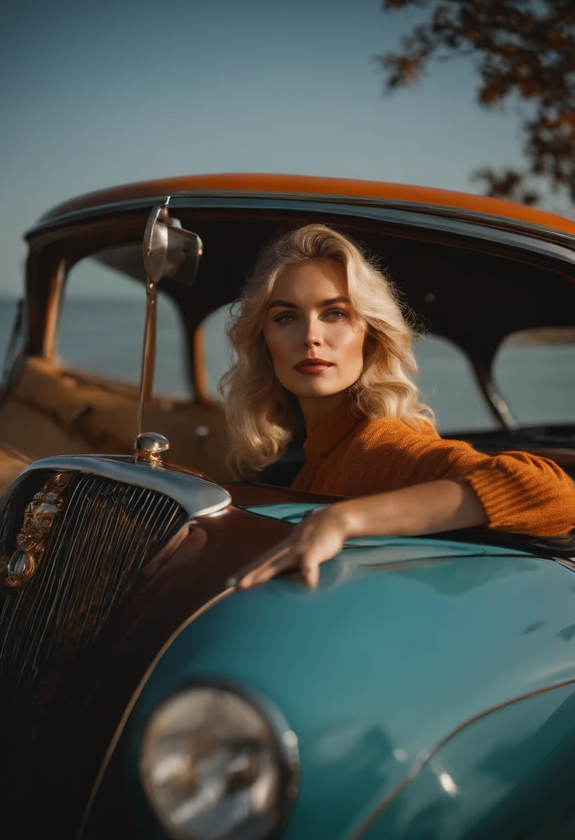 blonde woman,autumn , retro car and sea in the background, sunny day, half body shot, high quality photo