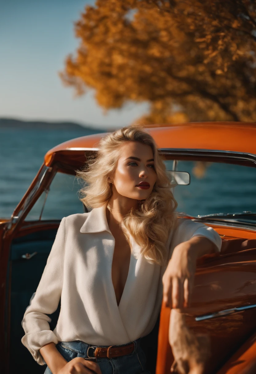 blonde woman,autumn , retro car and sea in the background, sunny day, half body shot, high quality photo
