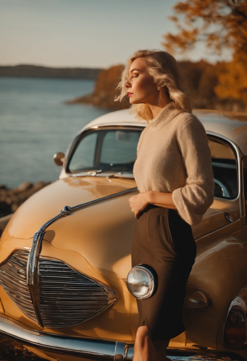 blonde woman,autumn , retro car and sea in the background, sunny day, half body shot, high quality photo