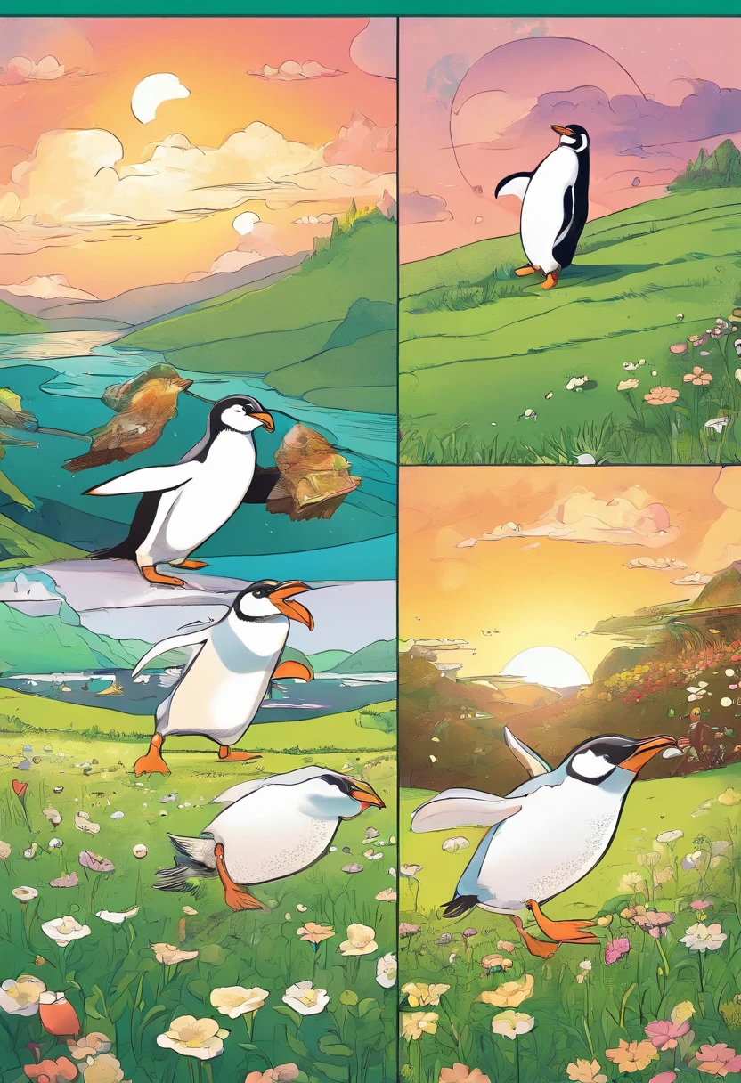 White penguins are eating ice cream。Green meadows and fantastic sunsets prevail。