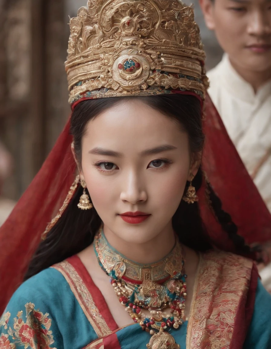 (tmasterpiece,best qualtiy,realisticlying:1.37),(Complex and sophisticated,Highly detailed skin and face),(1girll),独奏,standing on your feet,a beauty girl,Tibetan clothing,Colorful costumes, Fleece collar, Padded collar,High-end Tibetan clothing,Cumbersome Tibetan costume design,Warm clothing,Winter clothing,Appearance Yang Chaoran,Rounded face shape,Gorgeous Tibetan costumes,Cumbersome Tibetan necklace,Cumbersome Tibetan headdress,Colored headband,cinematic pastel lighting,8k wallpaper,Solidarity,art stations,