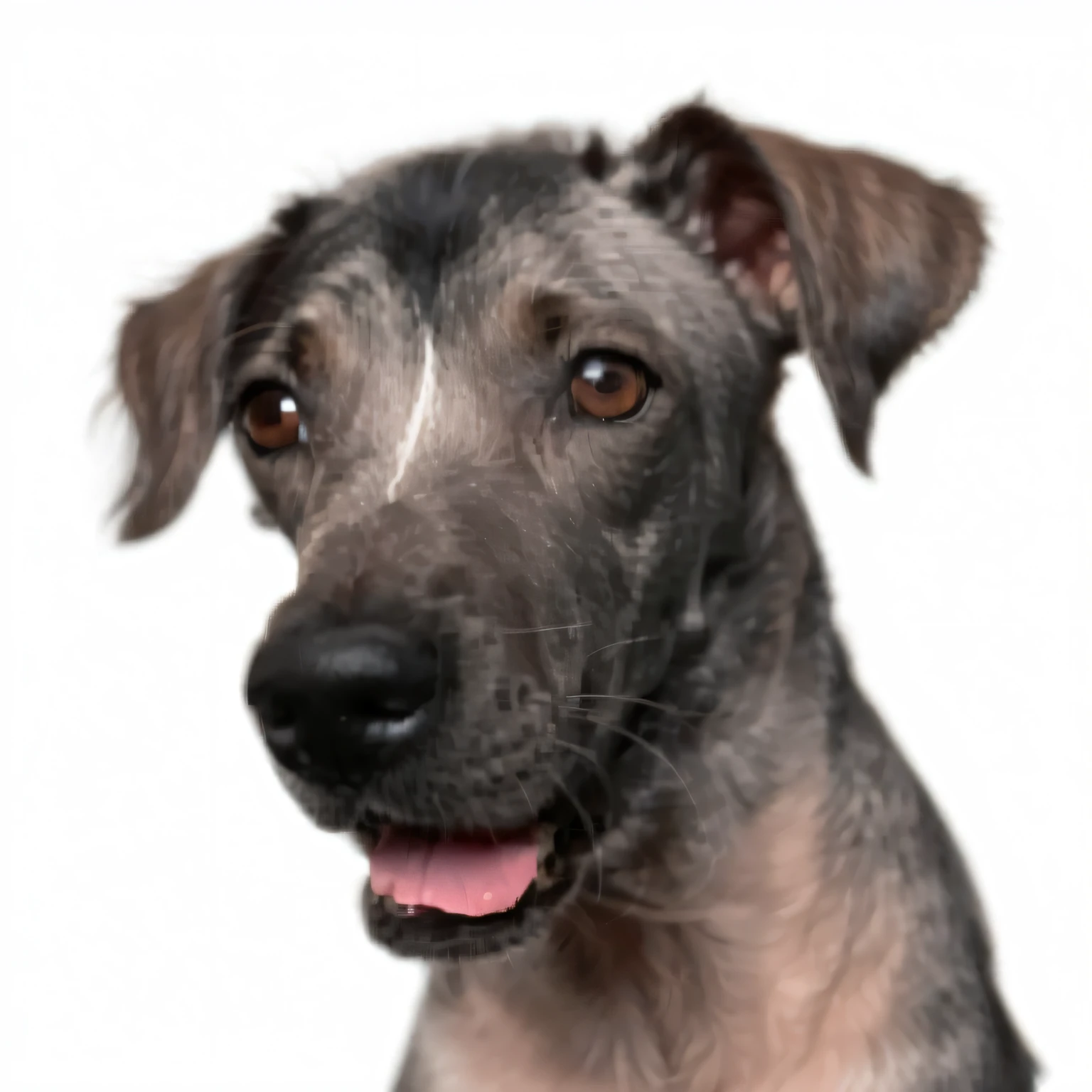 Araffe dog with a very large, Shaggy face and a pink tongue, inspirado em Elke Vogelsang, morphing dog head, rosto magro e raspado, orelhas cinzentas, em fundo claro, pimenta, Directed by: Elke Vogelsang, Uma imagem gerada por IA, nariz pequeno virado para cima, Directed by: Ivan Ranger, 2 5 anos, um hiper realista. "Create an image from a photo, turning it into a logo. The aesthetics should be beautiful, elegant, luxurious, and timeless. The image should be in high definition. The color scheme should focus on shades of pink and blue, highlighted with yellow light. Please do not include any texts or numbers. In the image, the dog present should have angel wings and a halo."