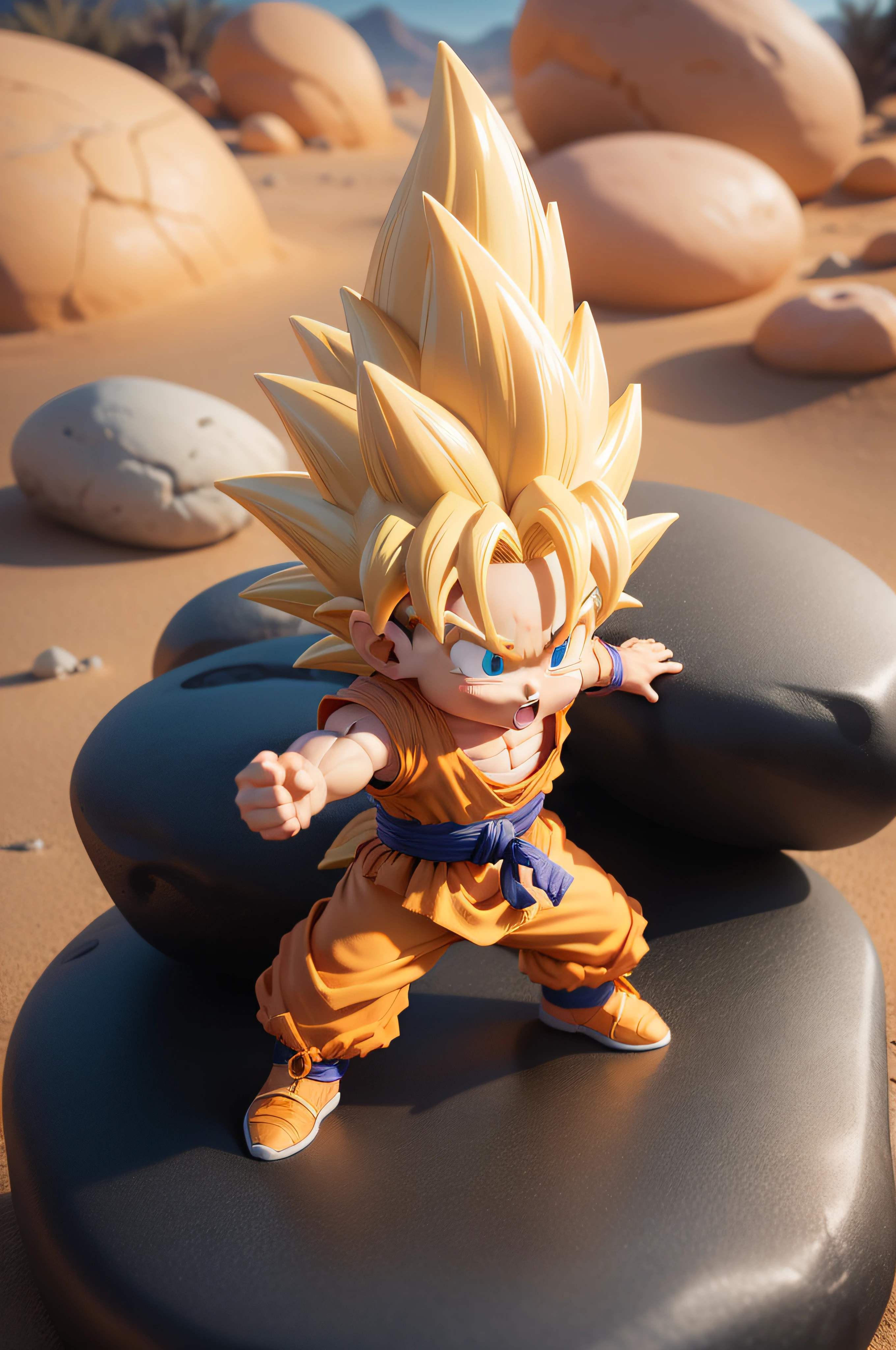 a close up of a toy figure on a rock in the desert, an anime nendoroid of son goku, high quality wallpaper, hd wallpaper, as a funko pop!, funko pop, dragon ball artstyle, super saiyan goku, high quality desktop wallpaper, goku from dragon ball, as a full body funko pop!, high-quality wallpaper, character dragonball--anamorphic Gold lighting, 50-500mm Synthetism --aspect 7:4 --s 750 --v 5.2