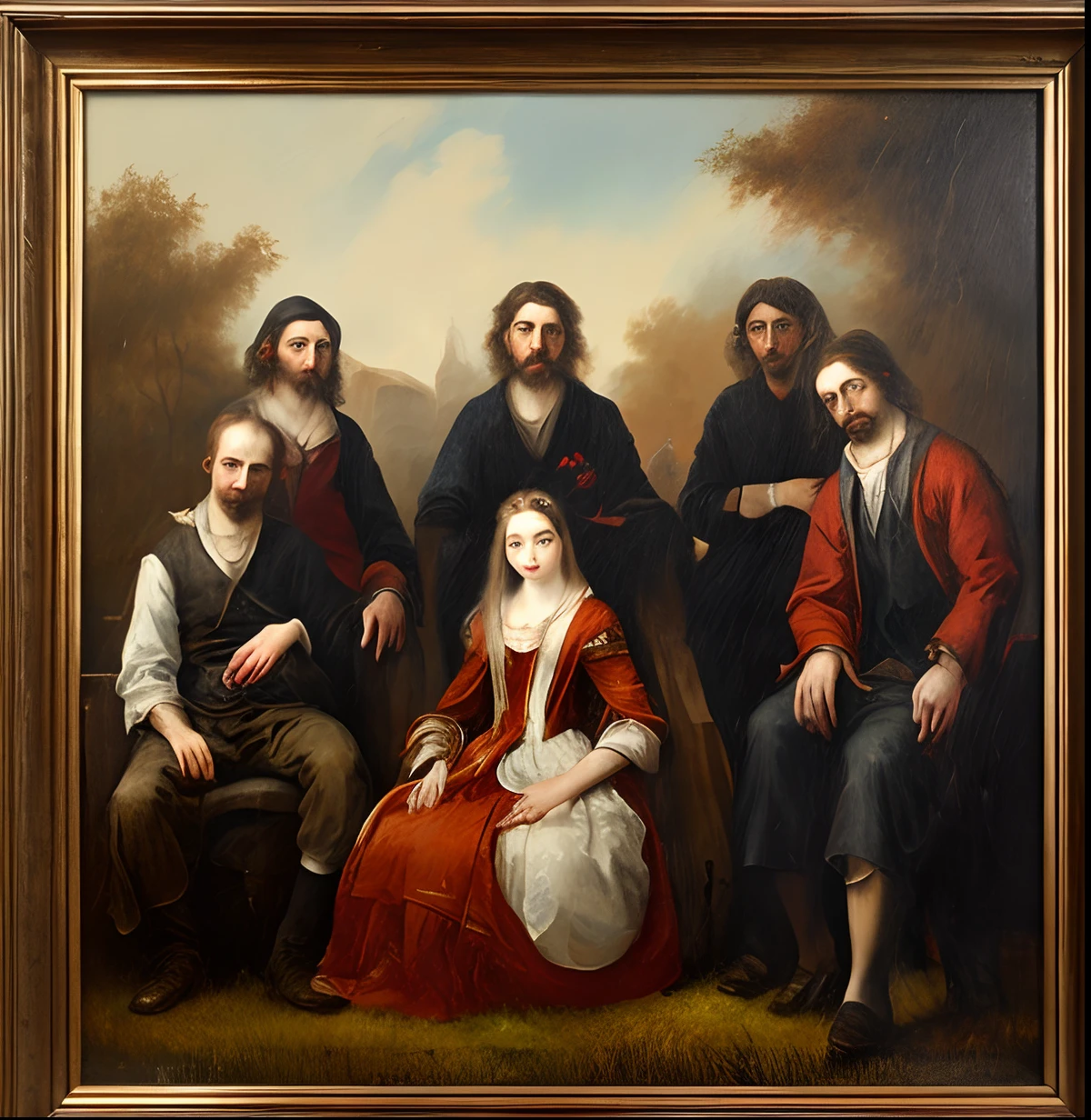 Weird group of people looking at the camera, painting style, wet canvas, abstract, grim face