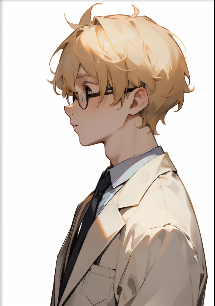 1boy, suit, lab coat, blonde, short hair, rough hair, glasses, ((white background)), sideview