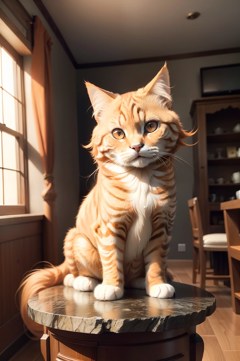 A long-haired orange tabby Scottish fold sitting on top of a stone table