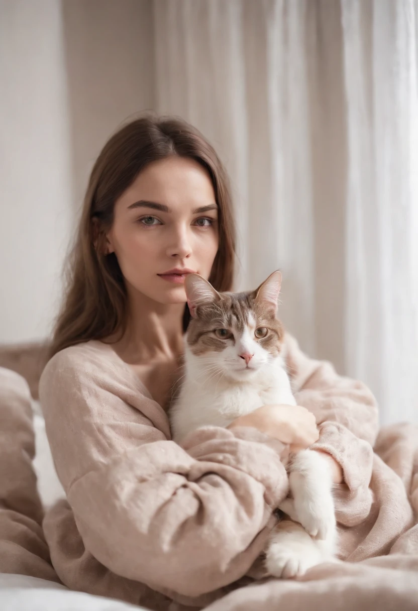 woman dressed in comfortable clothes on her bed with her cat, 80s style, half body shot, high quality photo.