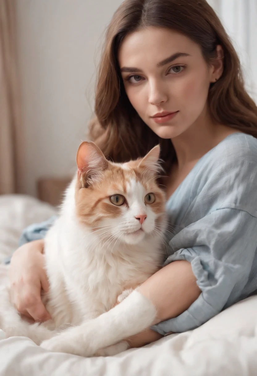 woman dressed in comfortable clothes on her bed with her cat, 80s style, half body shot, high quality photo.