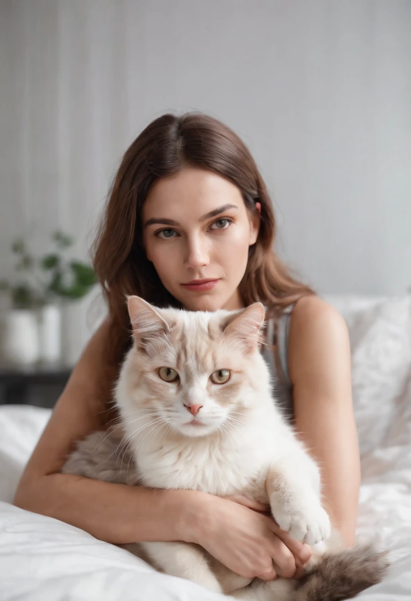 woman dressed in comfortable clothes on her bed with her cat, 80s style, half body shot, high quality photo.
