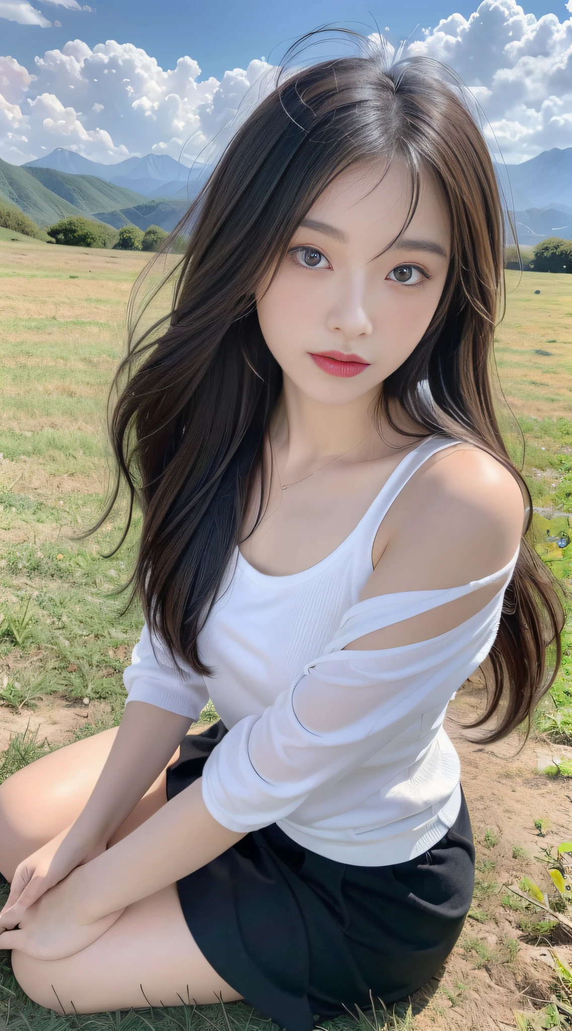 ((best quality, 8k, masterpiece:1.3)), a beautiful girl, pure, melon face, gentle and cute, thin figure, (frontal), (tilted head), looking directly into the camera, [detached sleeves::0], [collared shirt::0], [capri pants::0], black silky long straight hair, long hair flowing over the shoulders, round black big eyes, clear big eyes, moist red lips, sweet smile, sitting, hands on knees, Blue sky and white clouds, sunshine, grassland, mountain peaks, northern view of Tibetan grassland